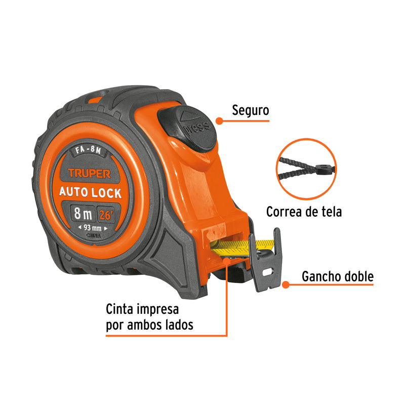 Flexómetro Auto Lock, 8 m, cinta 25 mm