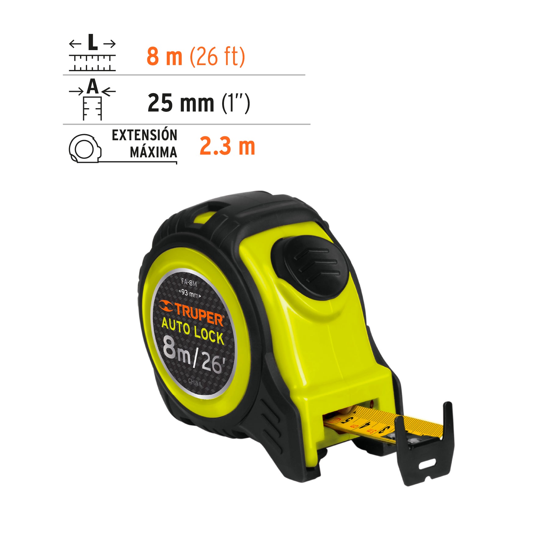 Flexómetro Auto Lock, 8 m, cinta 25 mm