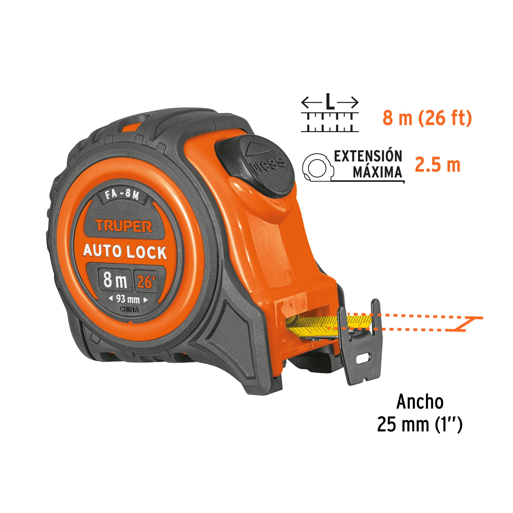 Flexómetro Auto Lock, 8 m, cinta 25 mm