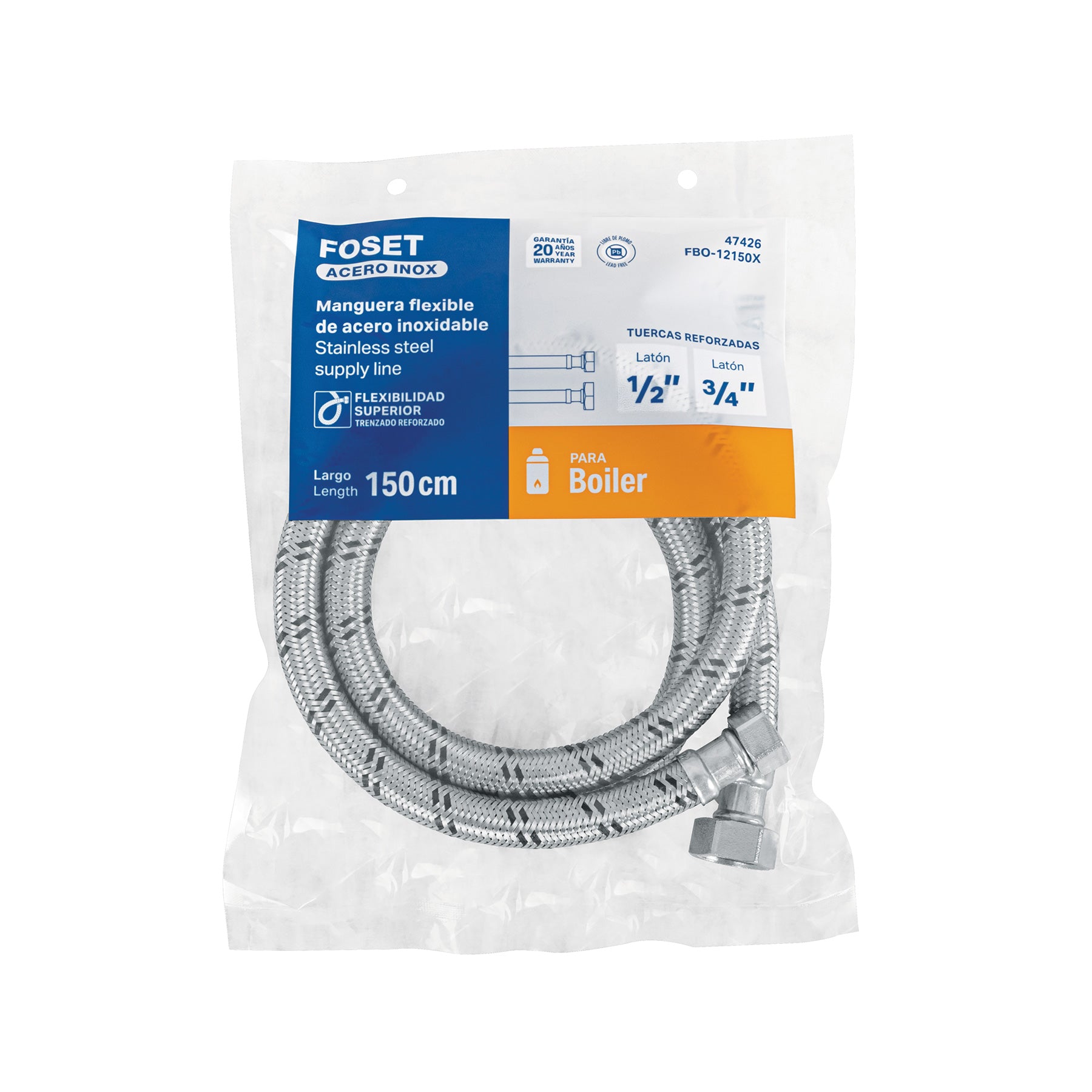 Manguera para boiler, acero inox, 1/2'x3/4', 150 cm, Foset
