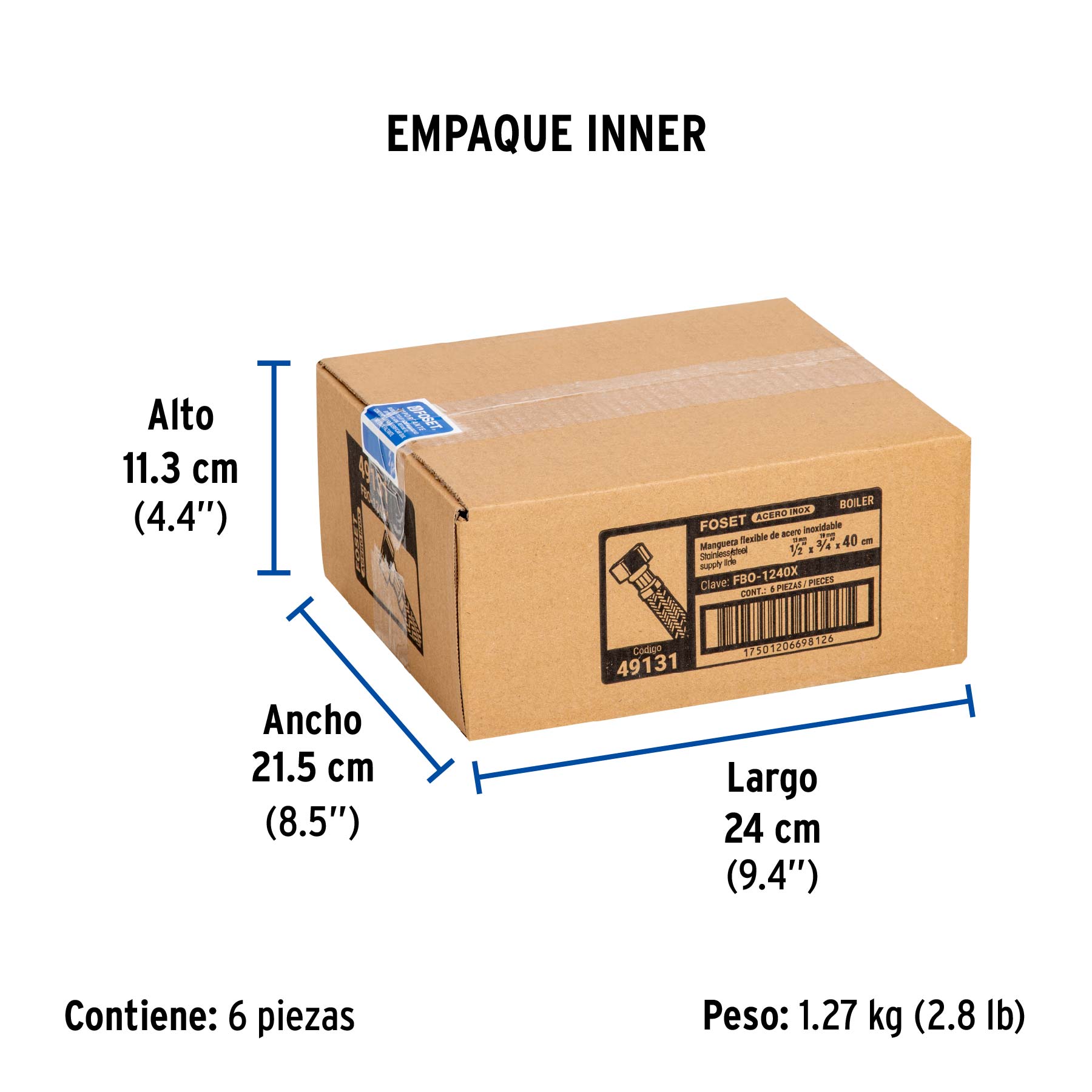 Manguera hule,1/2x3/4", 40cm, acero, usos generales