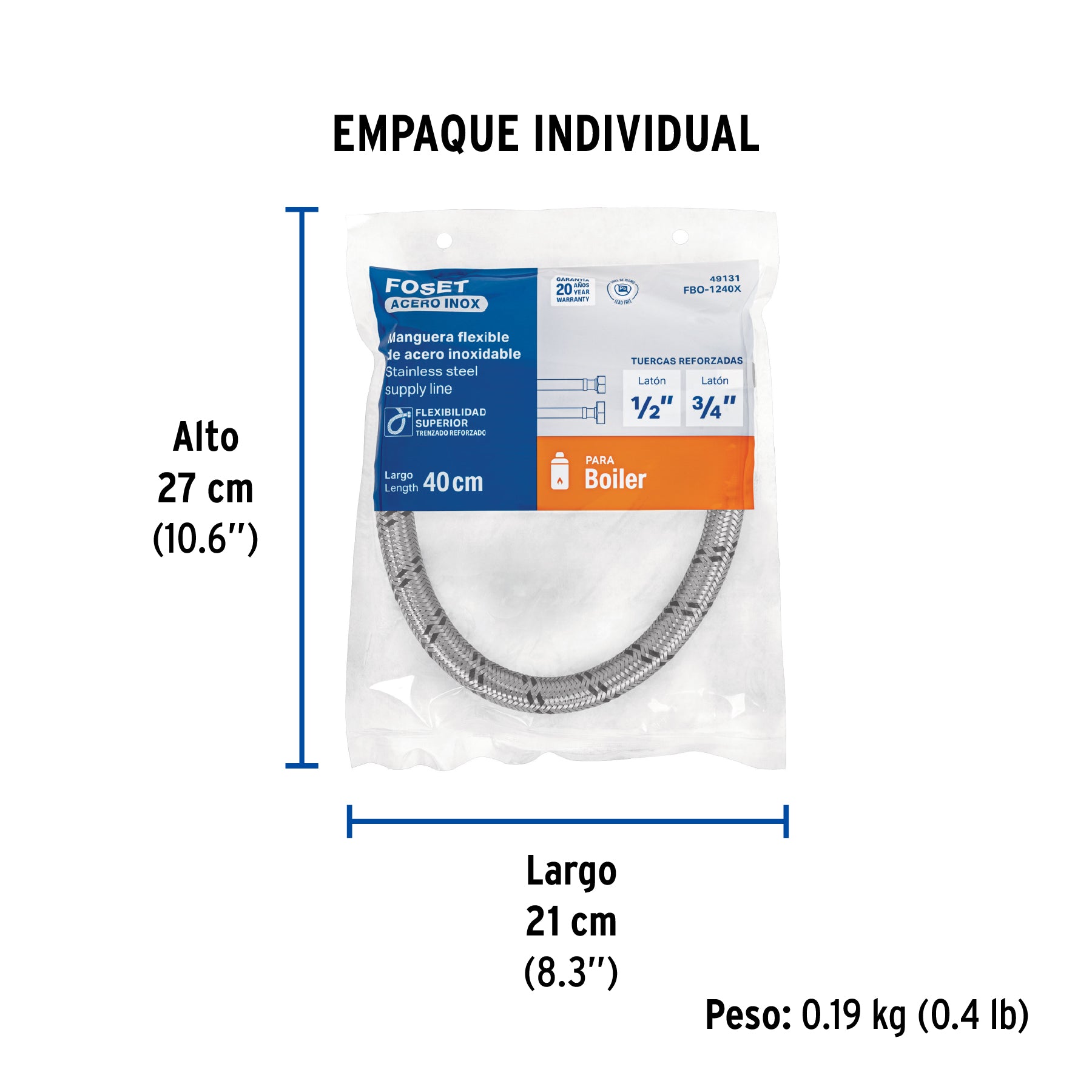 Manguera hule,1/2x3/4", 40cm, acero, usos generales