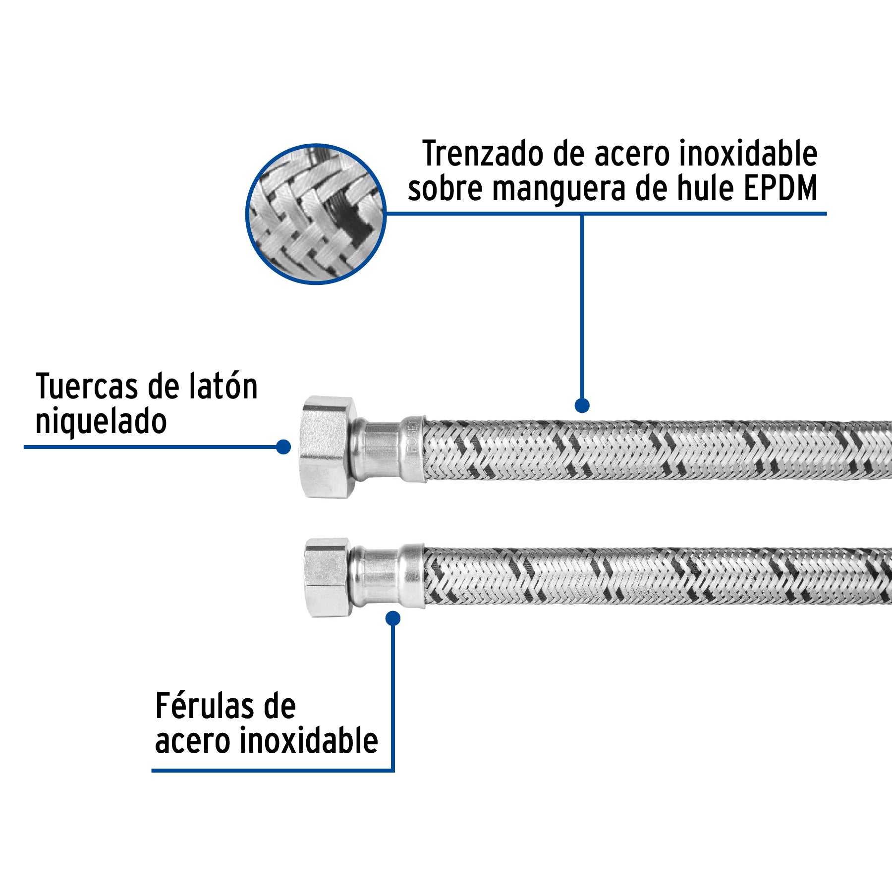 Manguera hule, 1/2", 80 cm, acero inoxidable, usos generales
