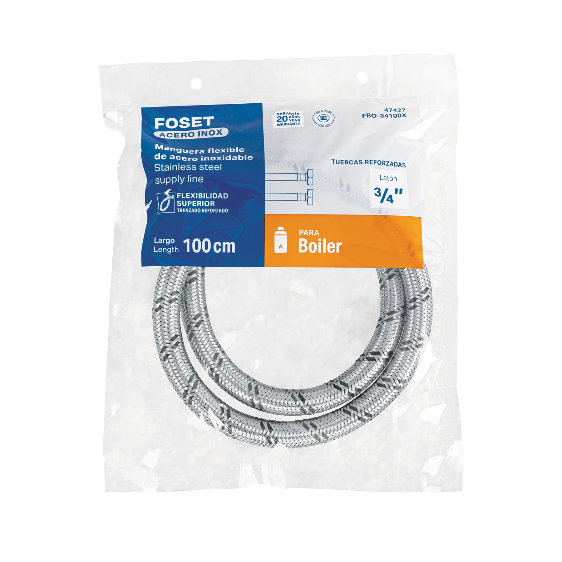 Manguera para boiler, acero inox, 3/4'x3/4', 100 cm, Foset
