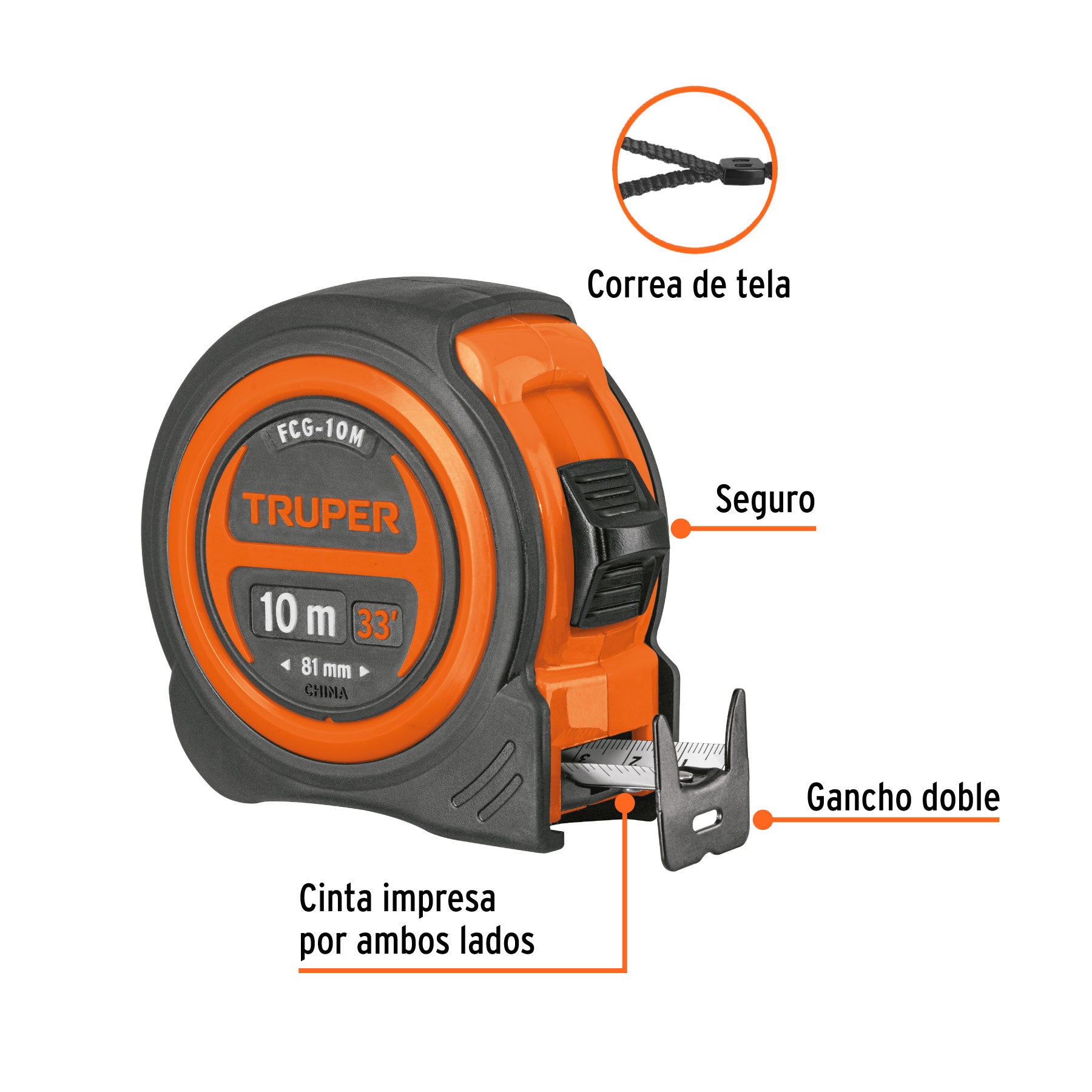 Flexómetro compacto 10 m con grip, cinta 25 mm, Truper