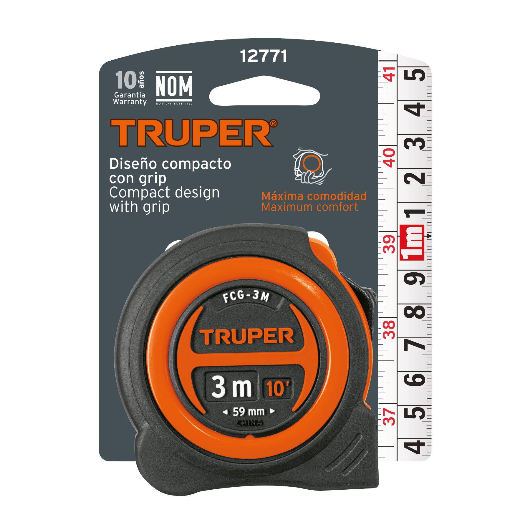 Flexómetro compacto con grip, 3 m, cinta 16 mm