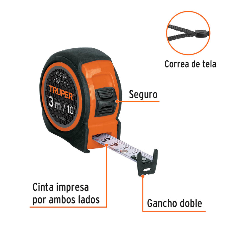 Flexómetro compacto con grip, 3 m, cinta 16 mm