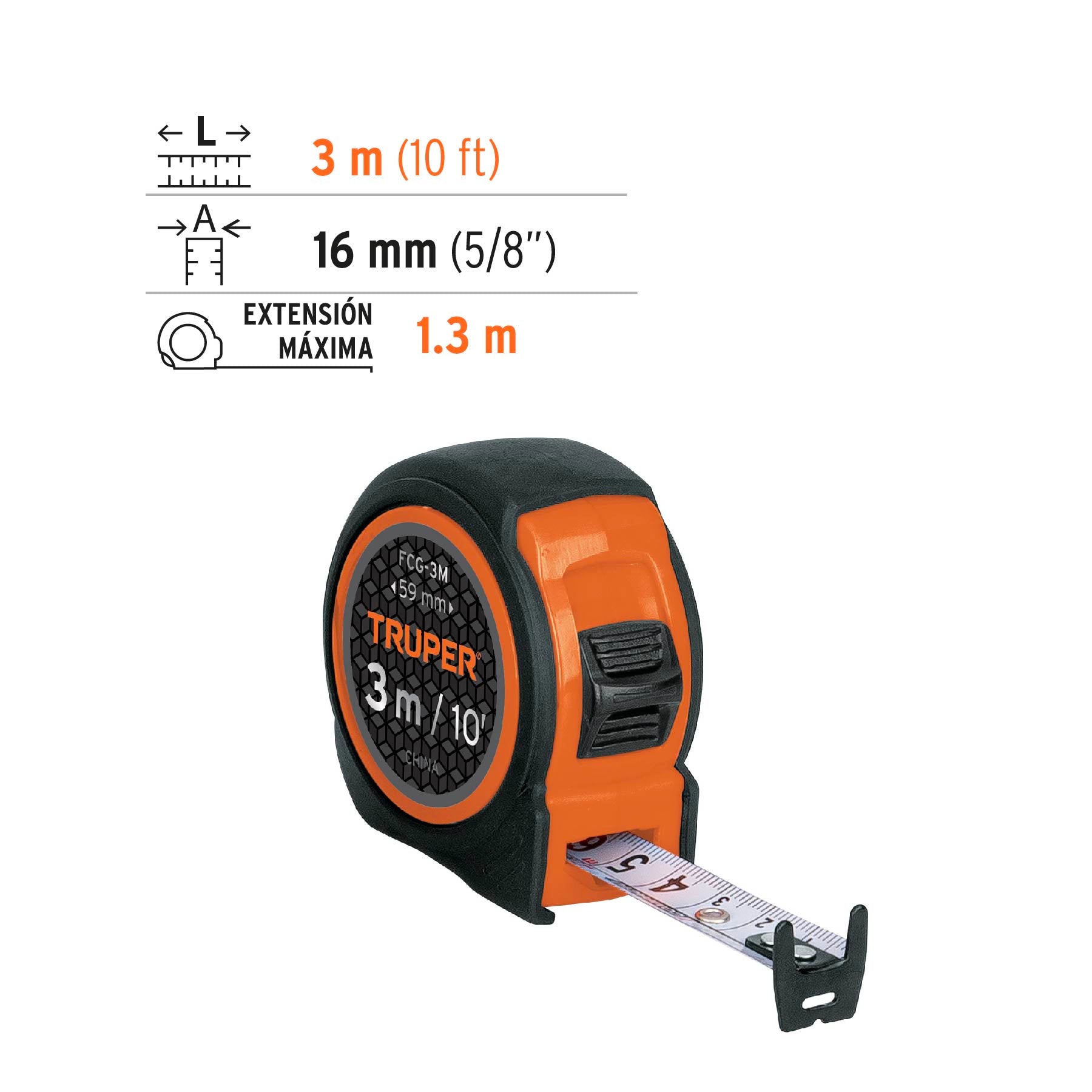 Flexómetro compacto con grip, 3 m, cinta 16 mm