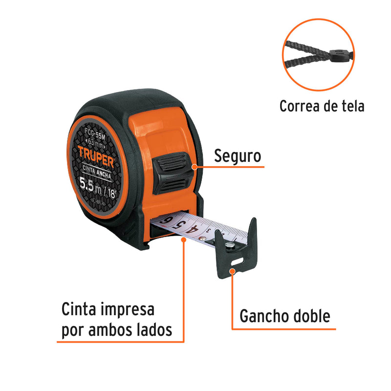 Flexómetro compacto contra impactos 5.5 m cinta 25 mm, TRUPER
