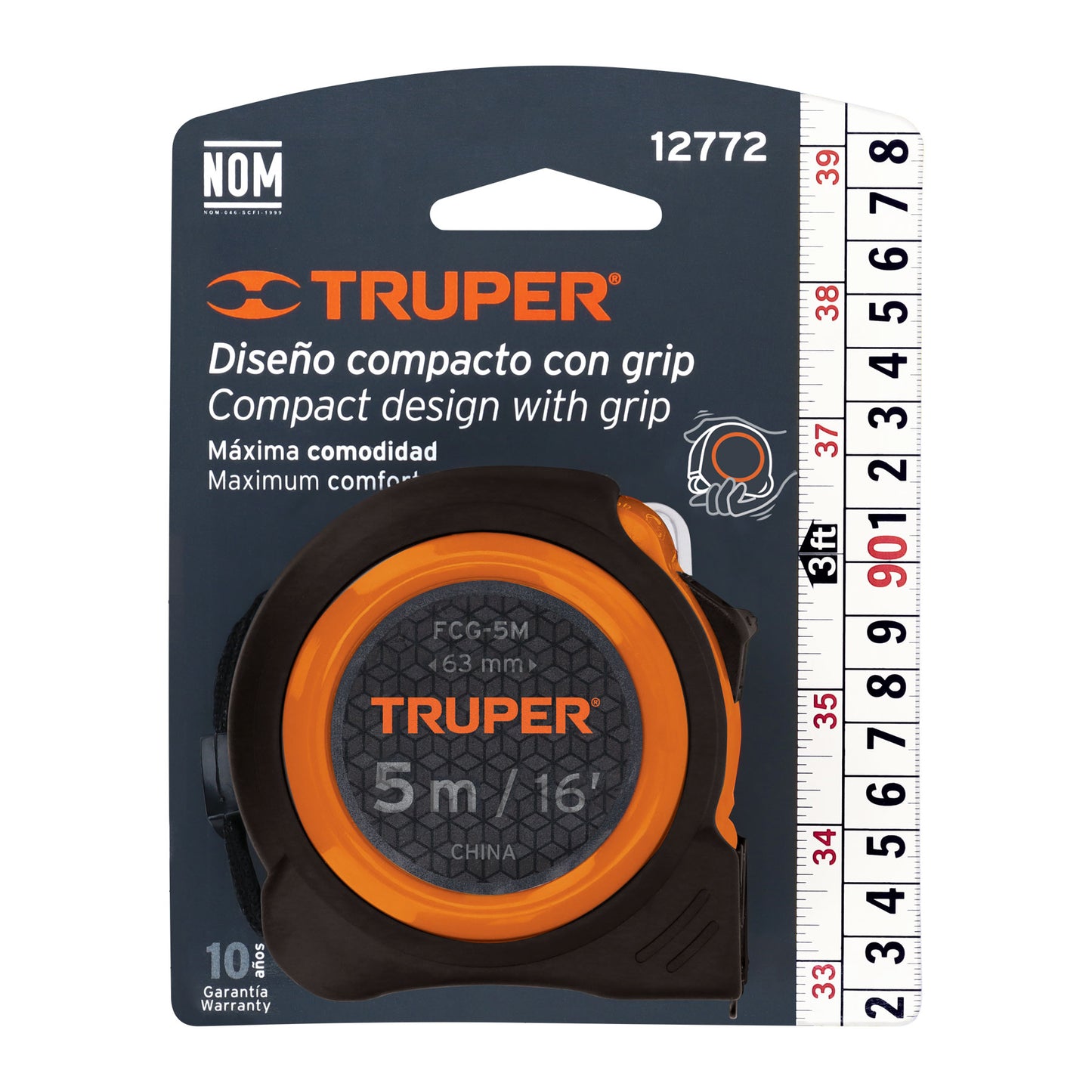 Flexómetro compacto con grip, 5 m, cinta 19 mm