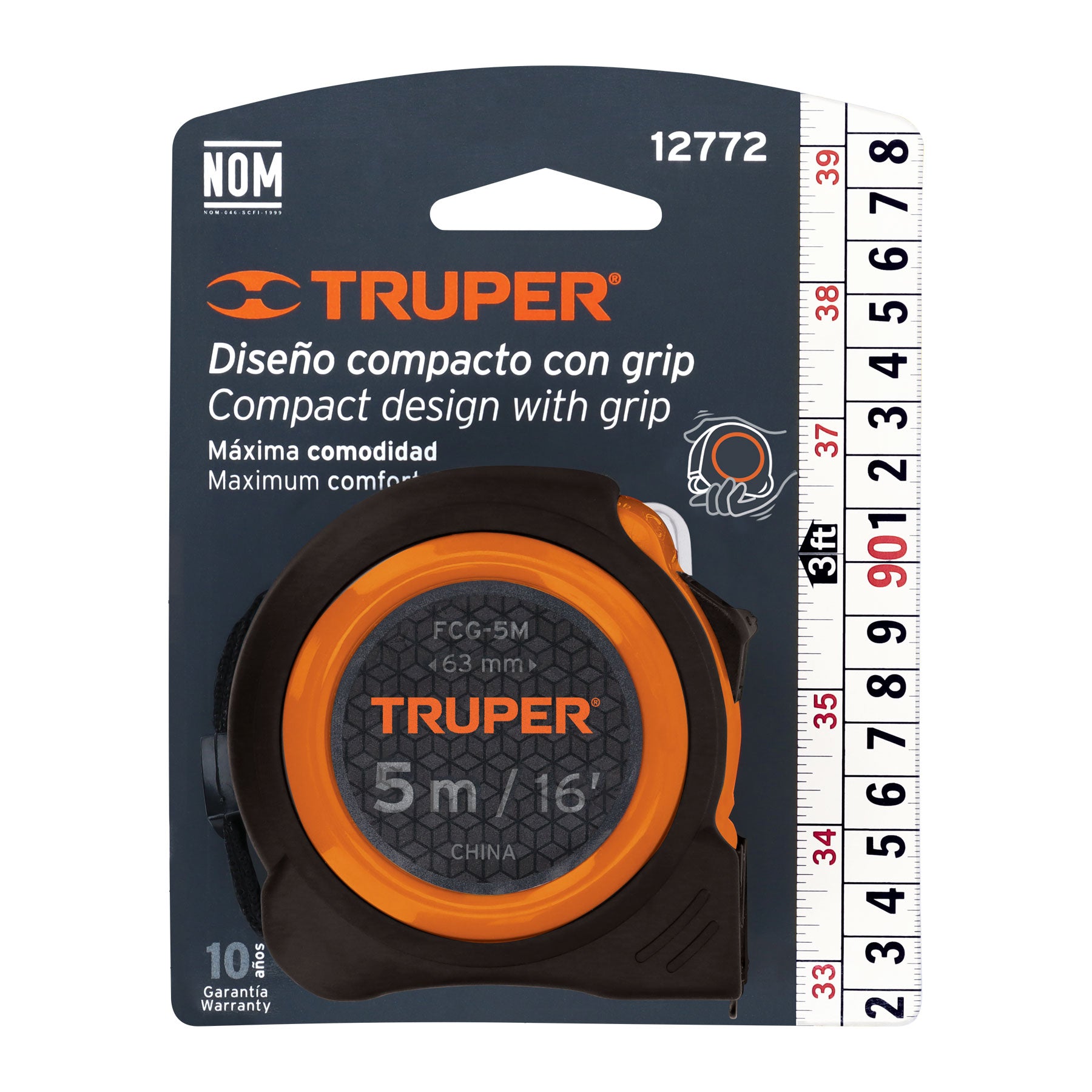 Flexómetro compacto con grip, 5 m, cinta 19 mm