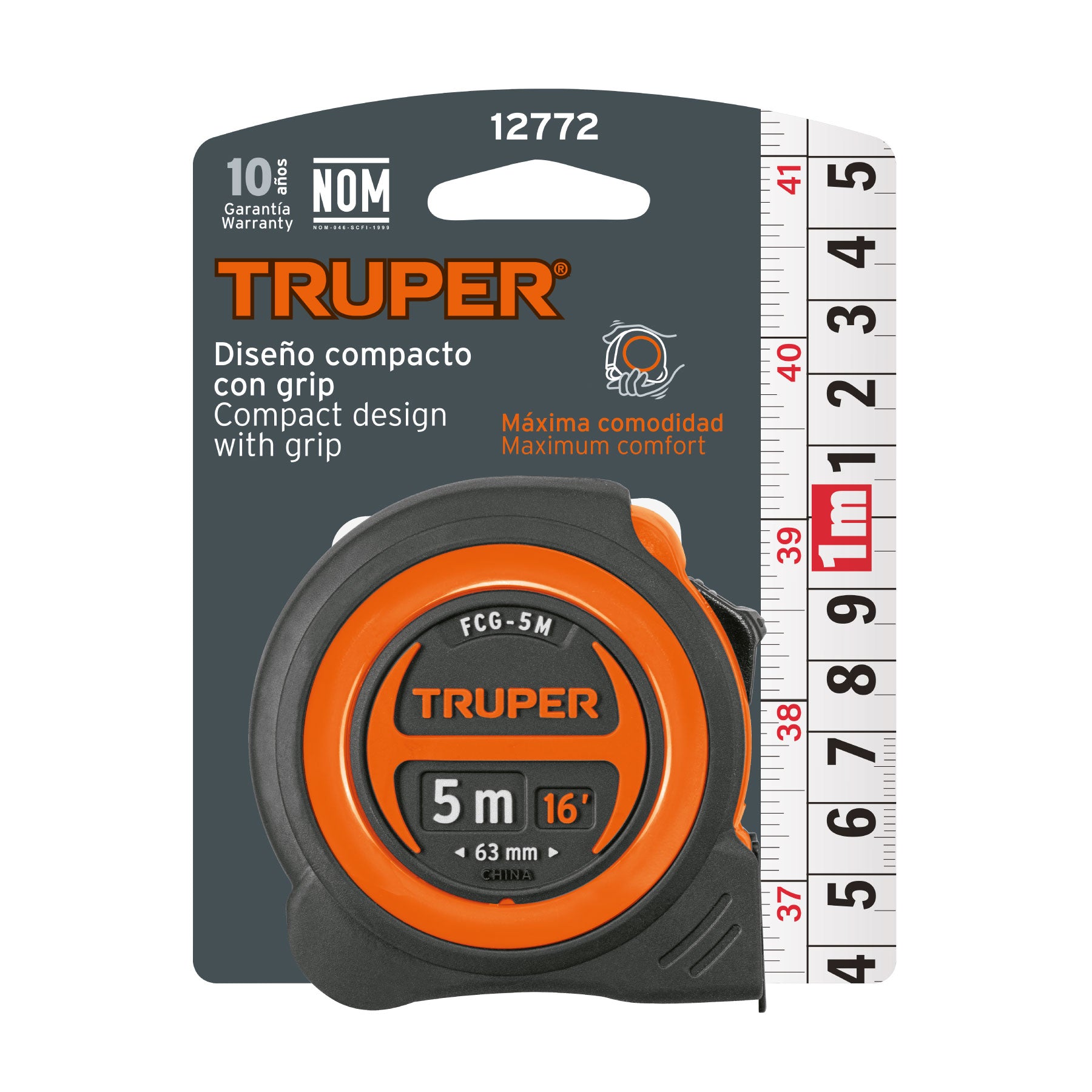 Flexómetro compacto con grip, 5 m, cinta 19 mm