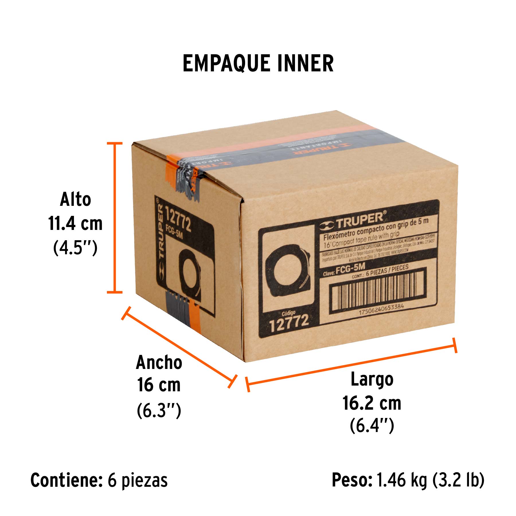 Flexómetro compacto con grip, 5 m, cinta 19 mm