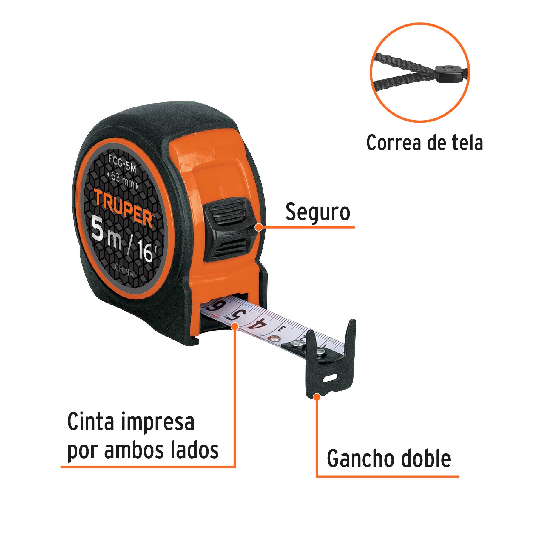 Flexómetro compacto con grip, 5 m, cinta 19 mm