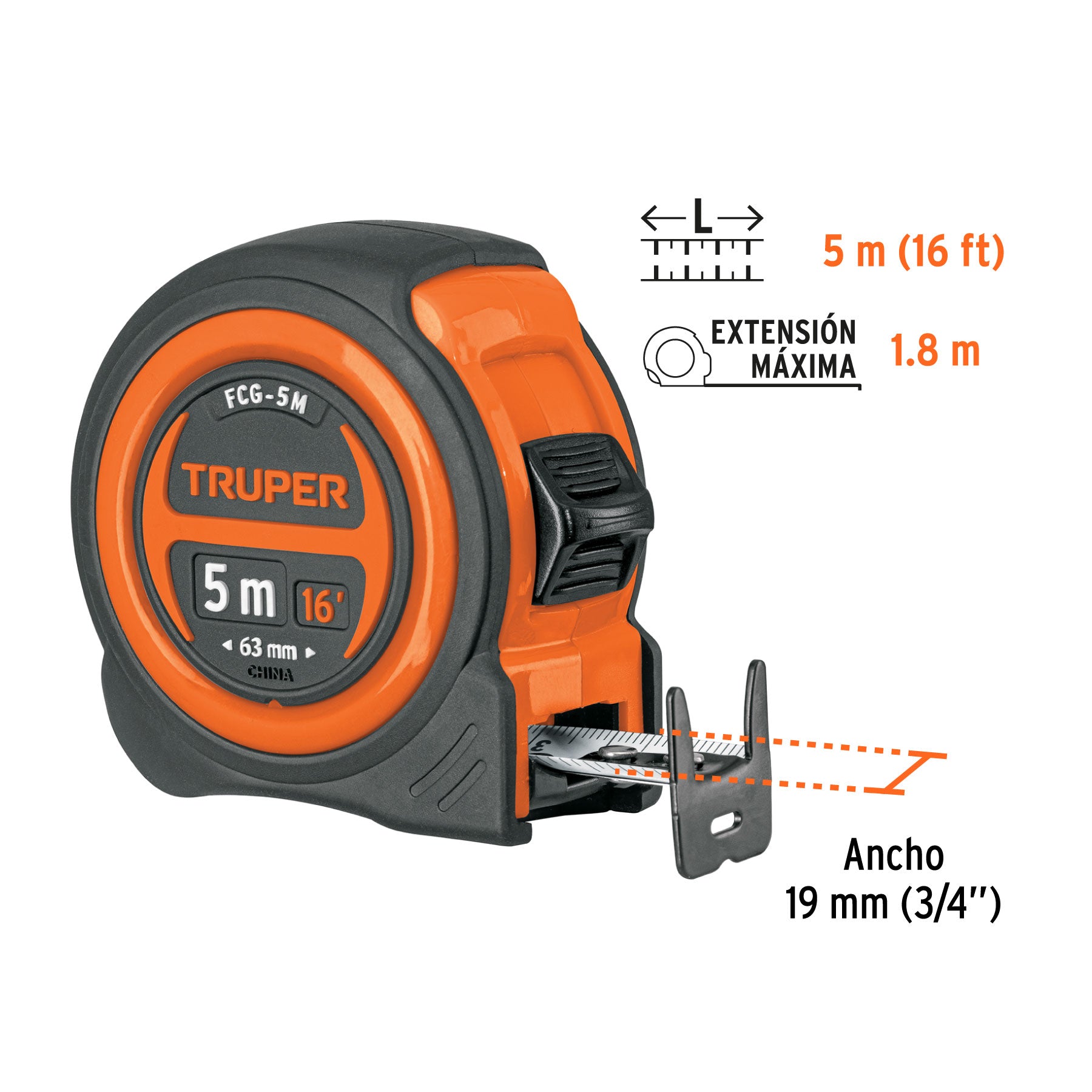Flexómetro compacto con grip, 5 m, cinta 19 mm