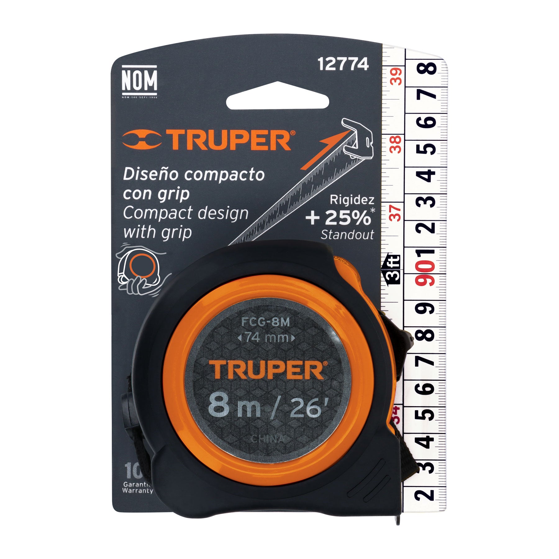 Flexómetro compacto con grip, 8 m, cinta 25 mm