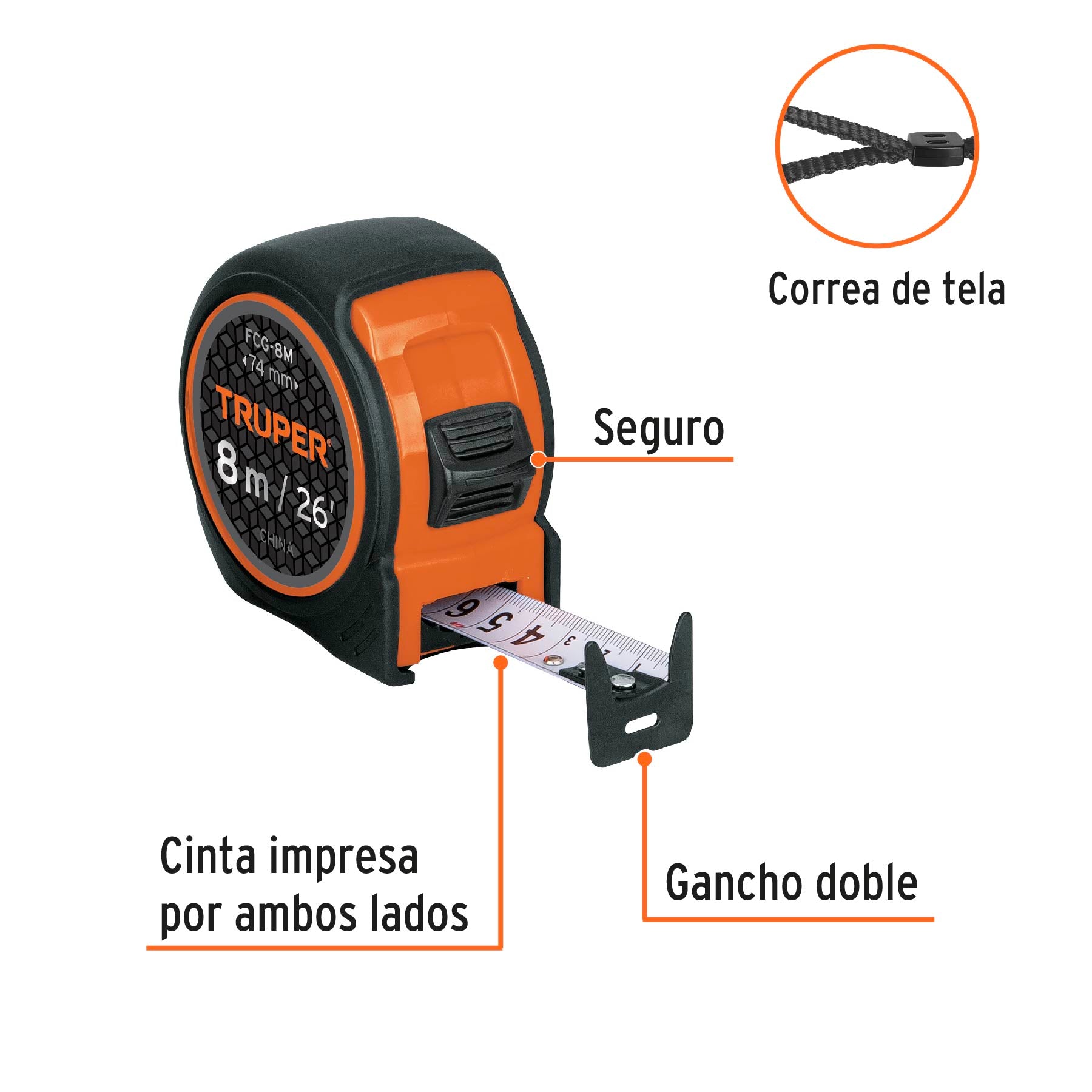 Flexómetro compacto con grip, 8 m, cinta 25 mm
