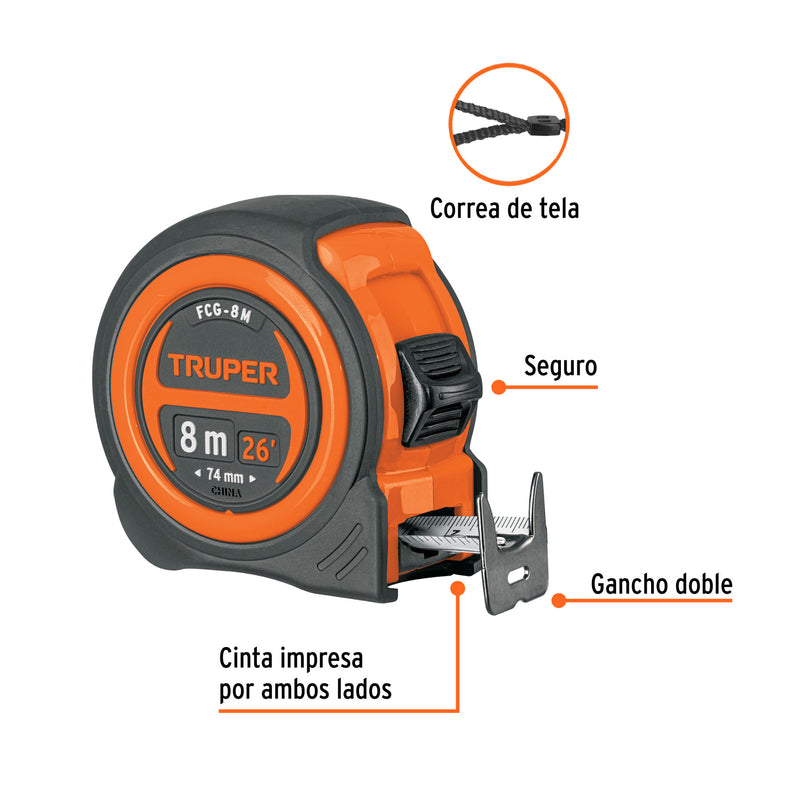 Flexómetro compacto con grip, 8 m, cinta 25 mm