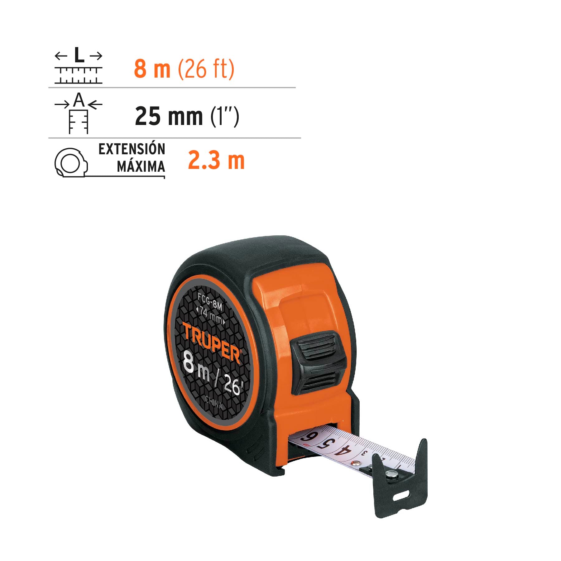 Flexómetro compacto con grip, 8 m, cinta 25 mm