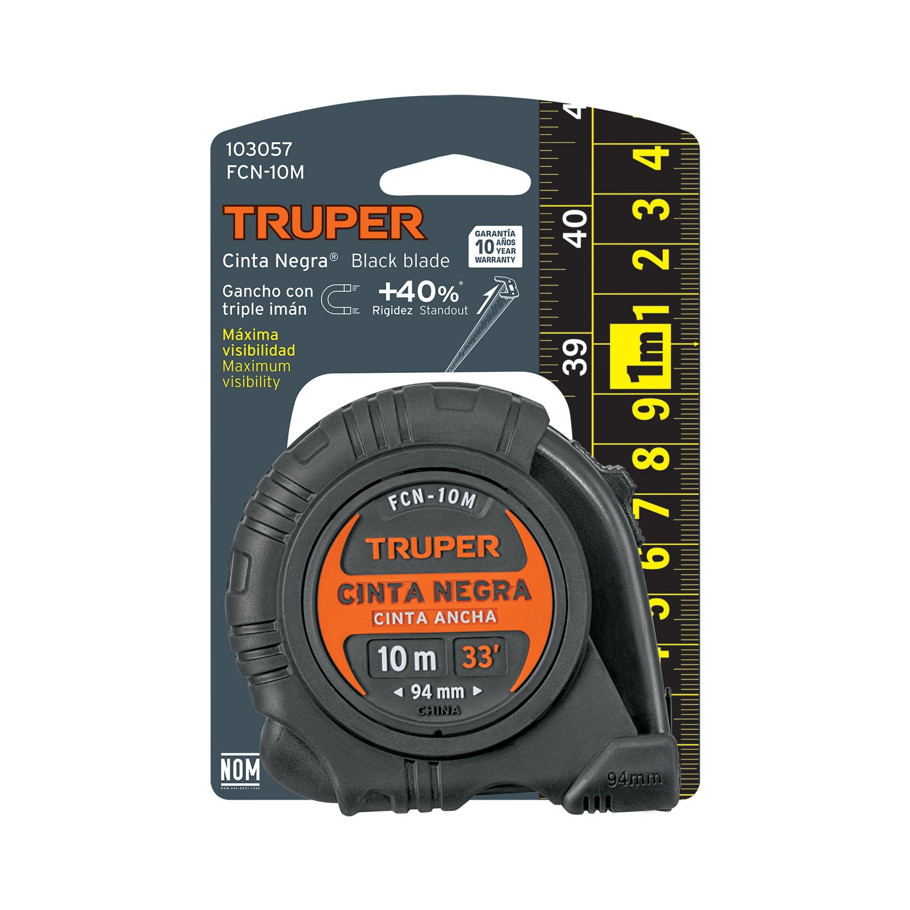 Flexómetro contra impactos 10 m, Cinta Negra 32 mm, Truper