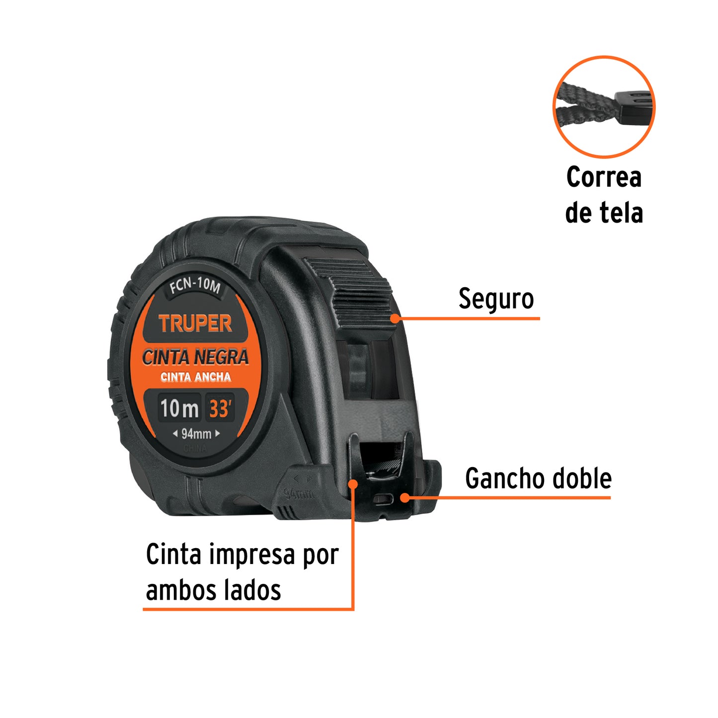 Flexómetro contra impactos 10 m, Cinta Negra 32 mm, Truper