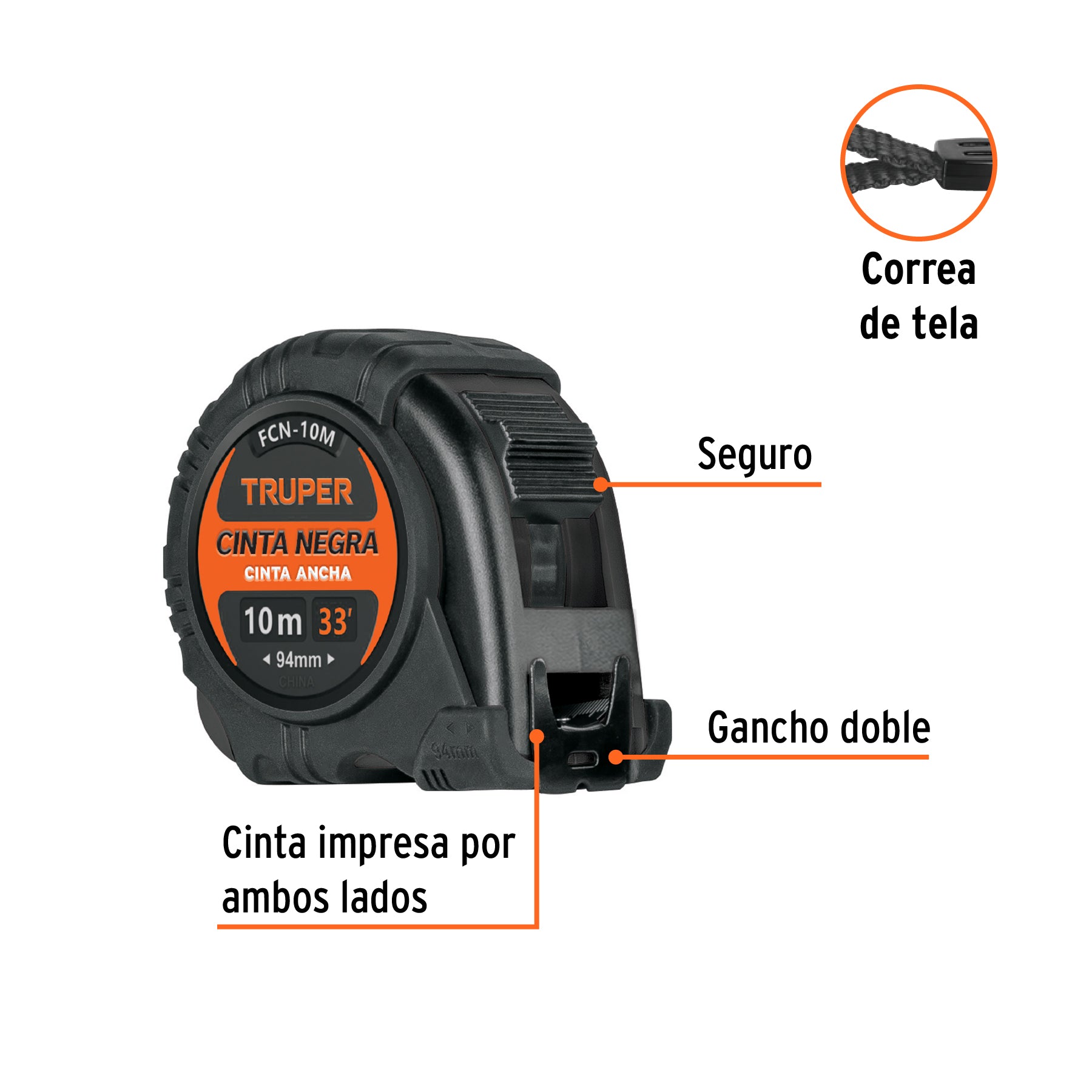 Flexómetro contra impactos 10 m, Cinta Negra 32 mm, Truper