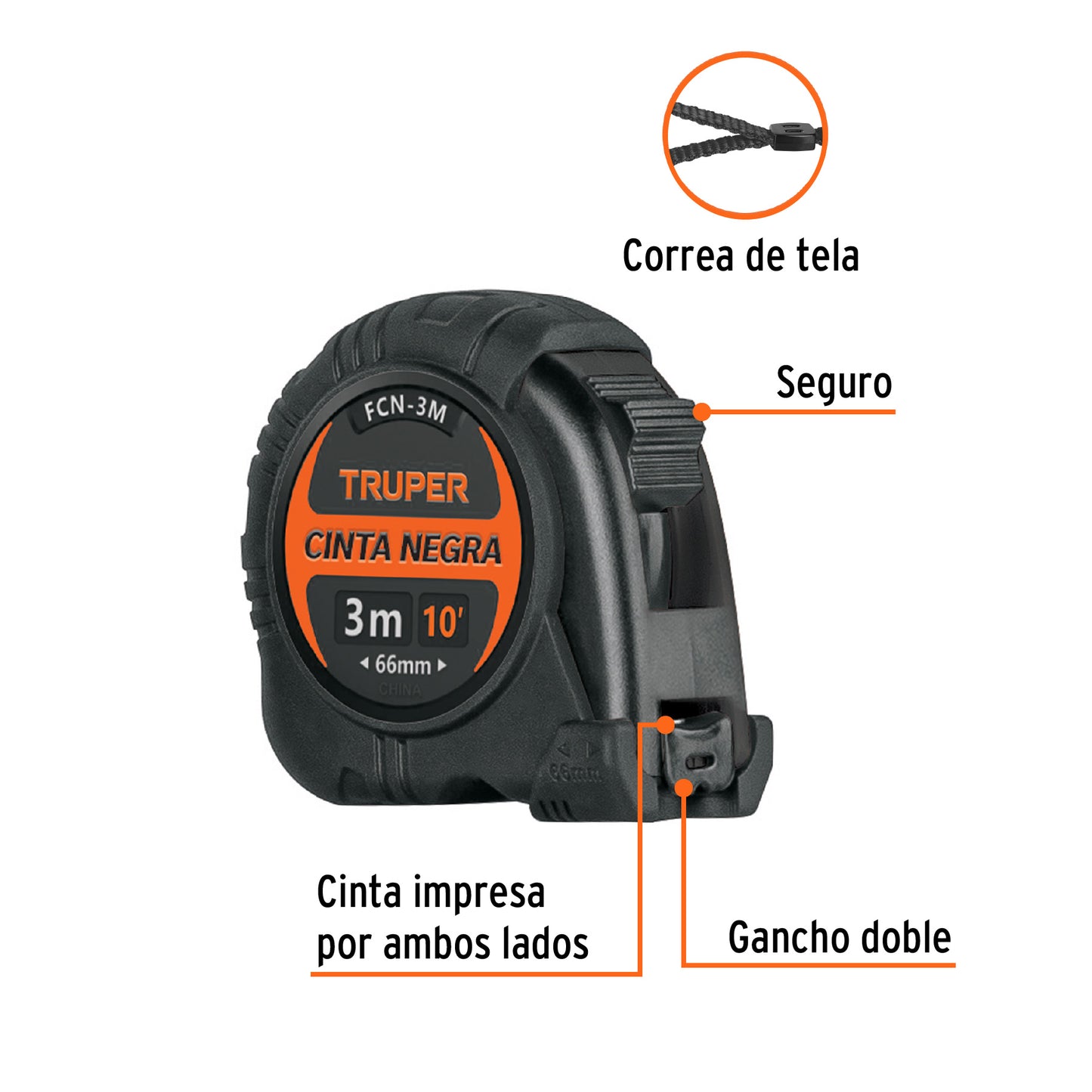 Flexómetro contra impactos 3 m, Cinta Negra 13 mm, Truper