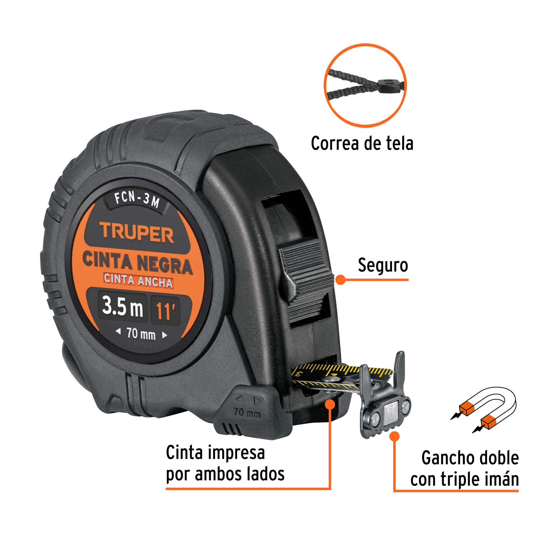 Flexómetro contra impactos 3 m, Cinta Negra 13 mm, Truper