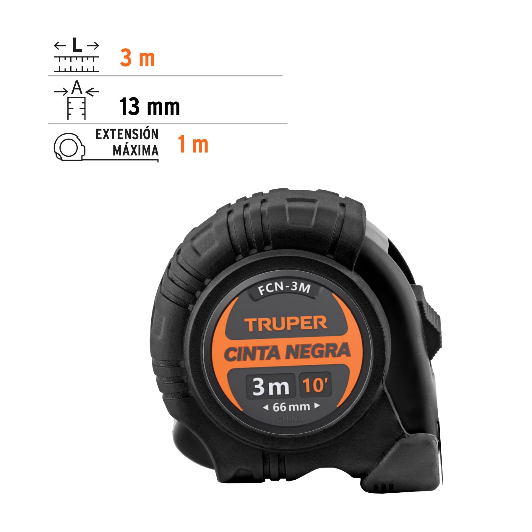 Flexómetro contra impactos 3 m, Cinta Negra 13 mm, Truper
