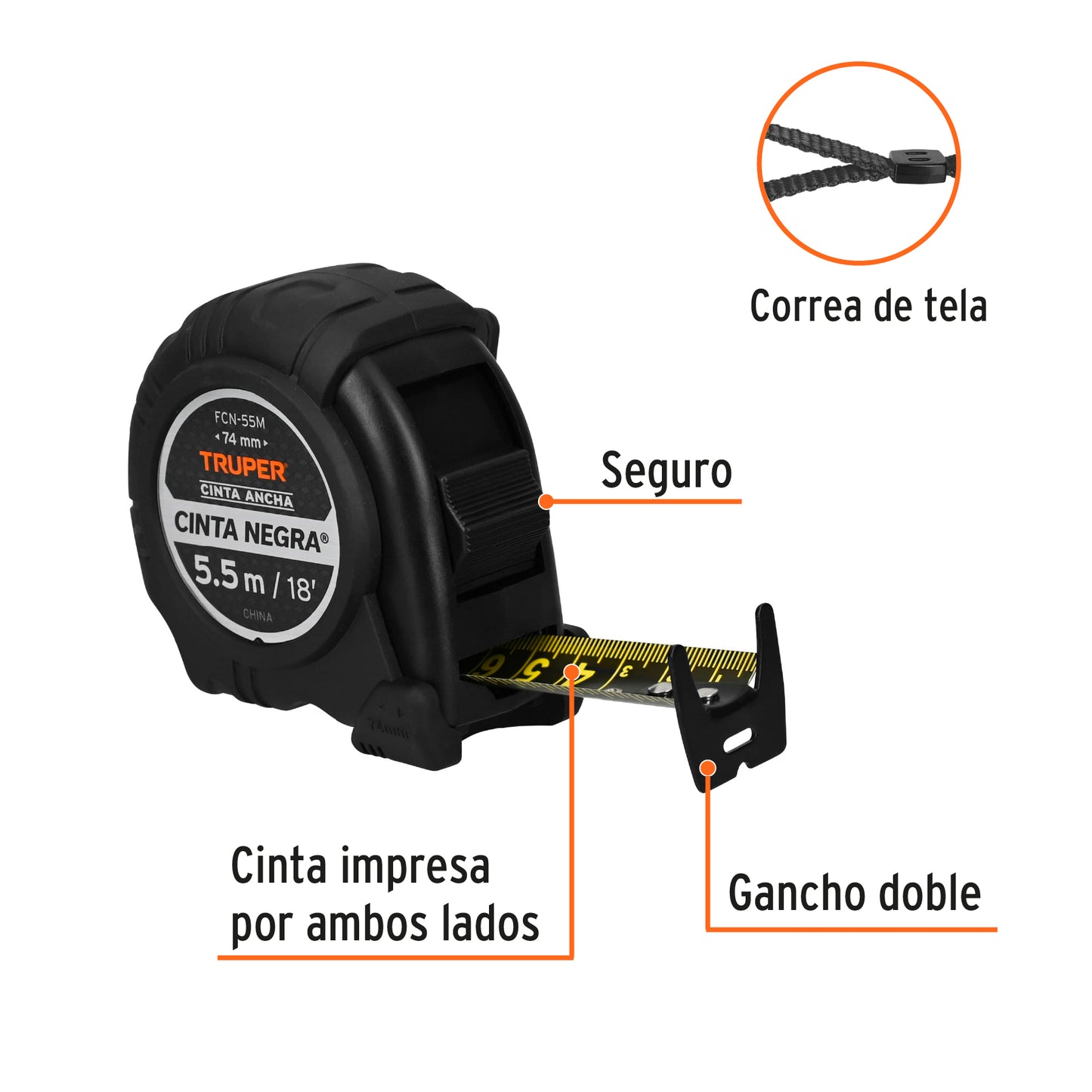Flexómetro Cinta Negra, 5.5 m, cinta 27 mm