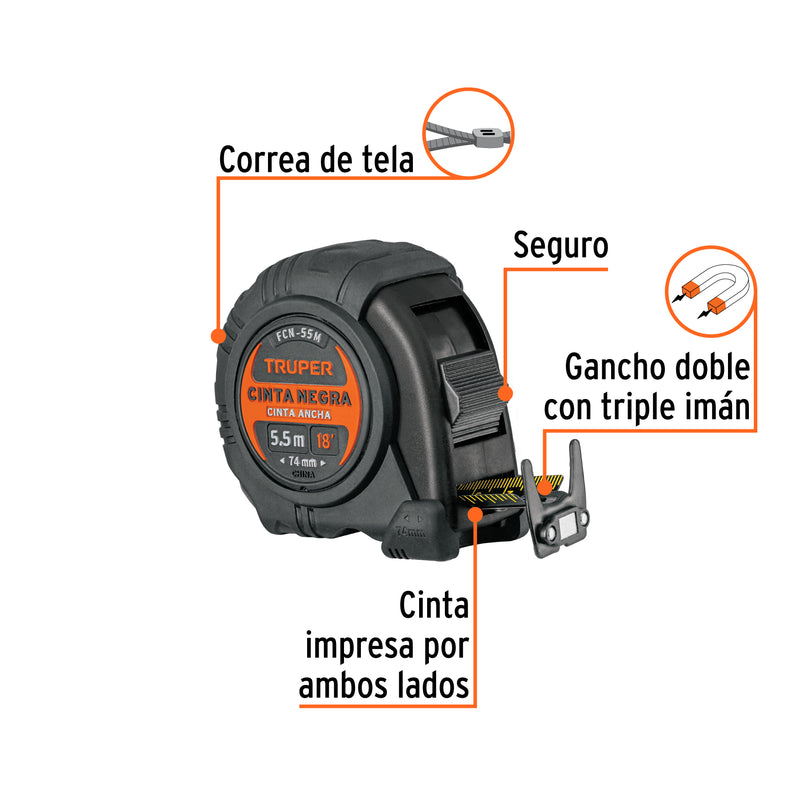 Flexómetro Cinta Negra, 5.5 m, cinta 27 mm
