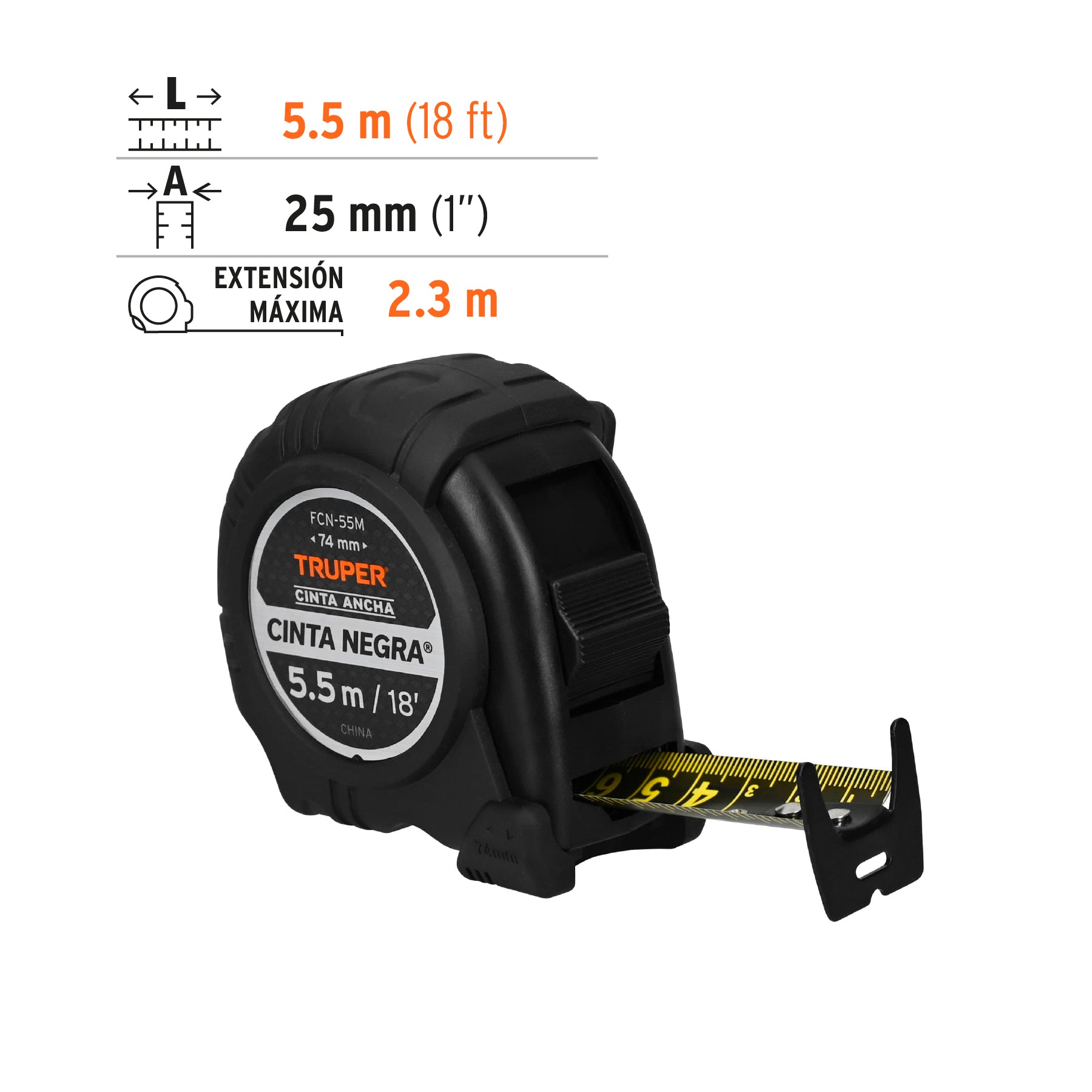 Flexómetro Cinta Negra, 5.5 m, cinta 27 mm