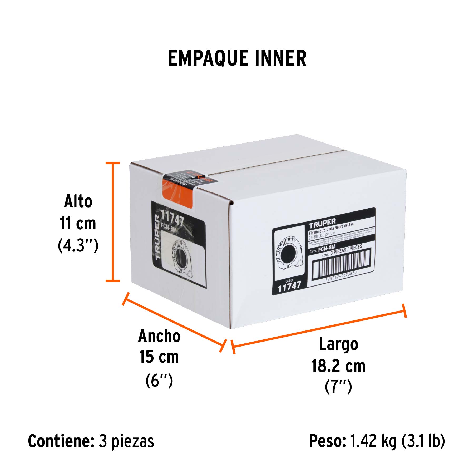 Flexómetro Cinta Negra, 8 m, cinta 27 mm