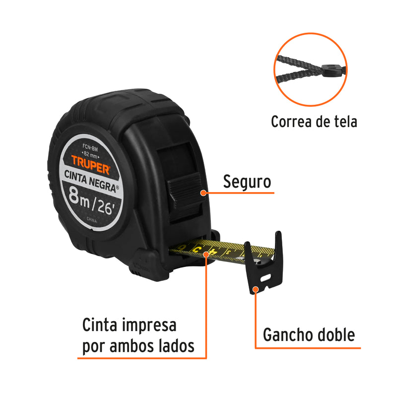 Flexómetro Cinta Negra, 8 m, cinta 27 mm