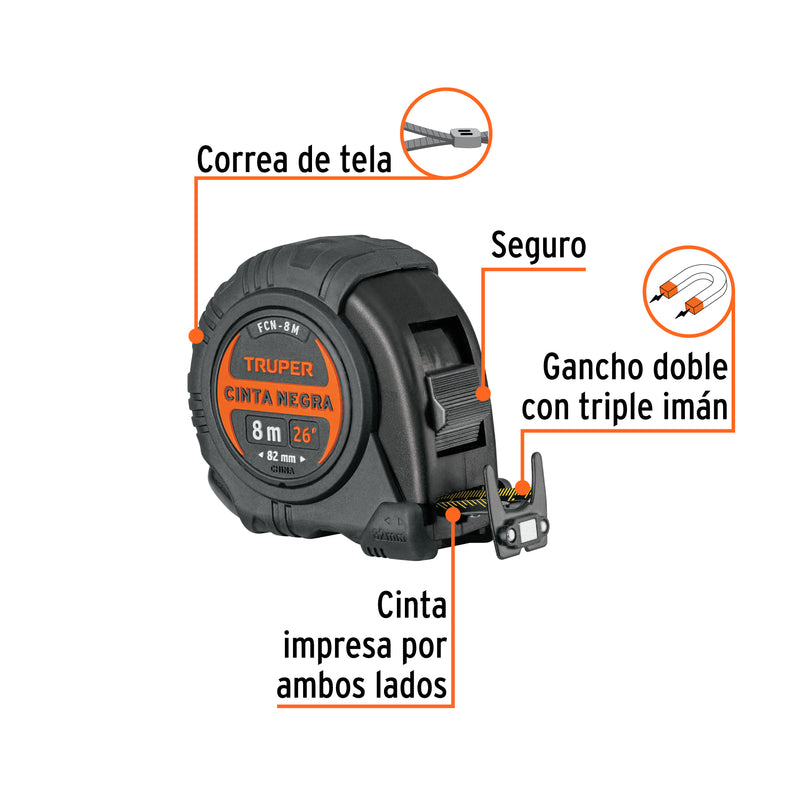 Flexómetro Cinta Negra, 8 m, cinta 27 mm
