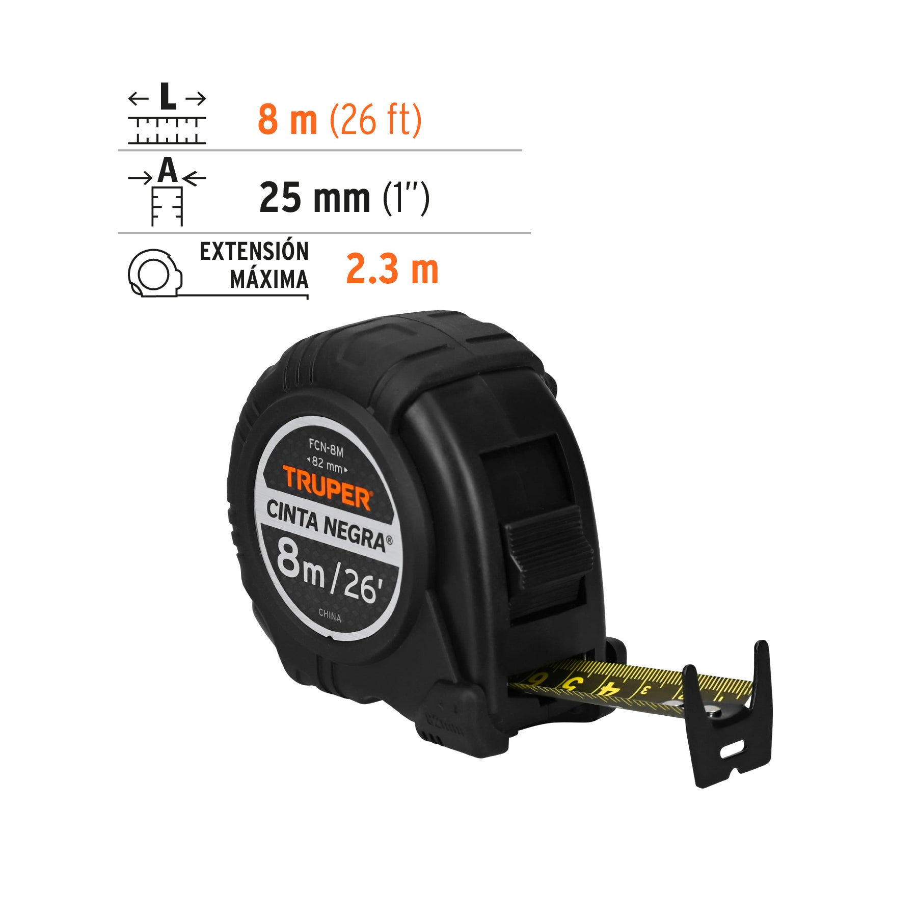 Flexómetro Cinta Negra, 8 m, cinta 27 mm