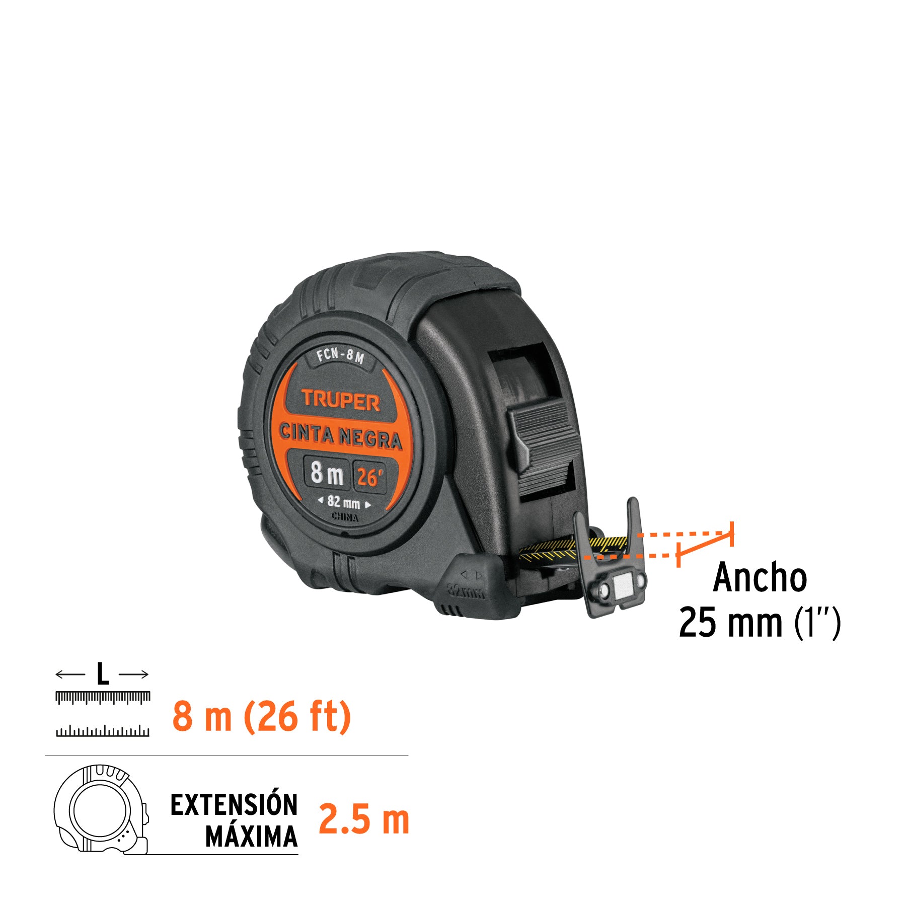 Flexómetro Cinta Negra, 8 m, cinta 27 mm