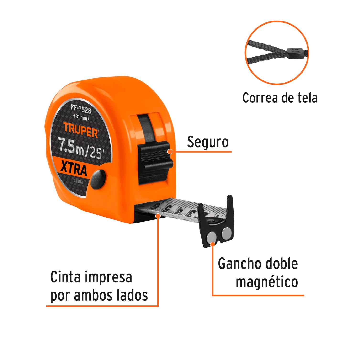 Flexómetro Xtra de 7.5 m, cinta 28 mm