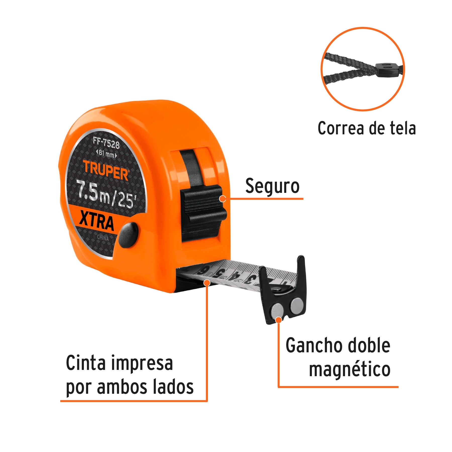 Flexómetro Xtra de 7.5 m, cinta 28 mm