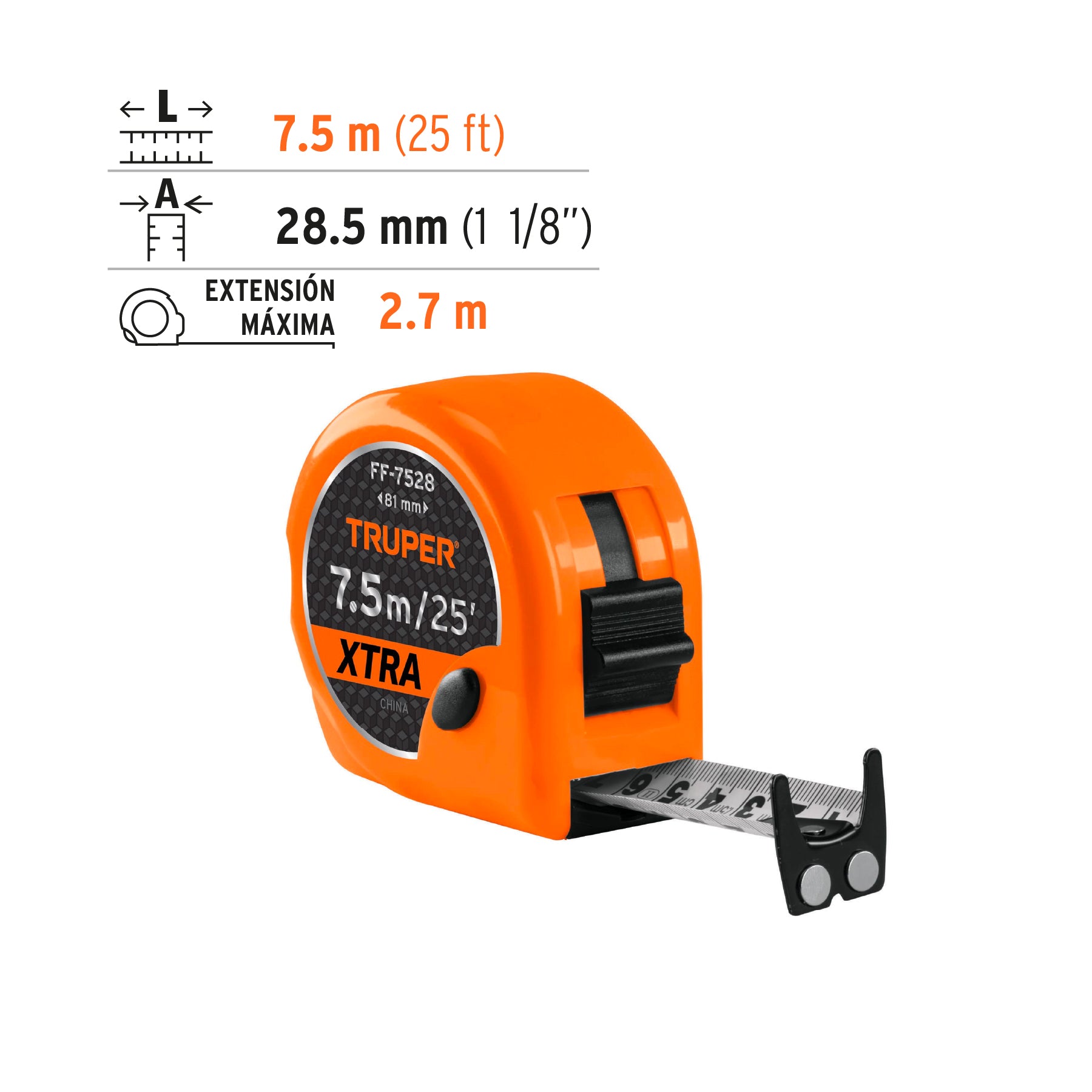 Flexómetro Xtra de 7.5 m, cinta 28 mm