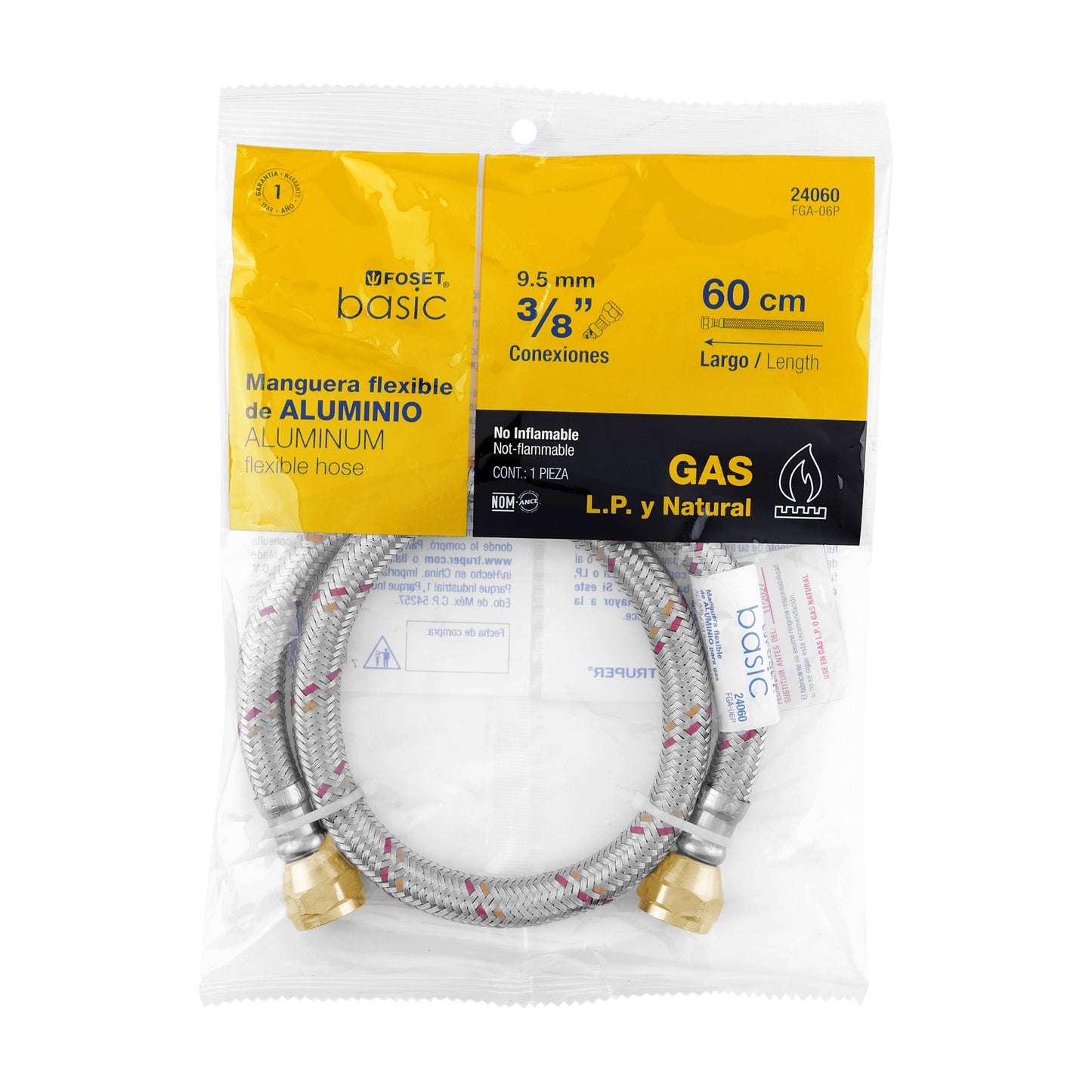 Manguera para gas, aluminio, 3/8" X 60 cm, Foset Basic