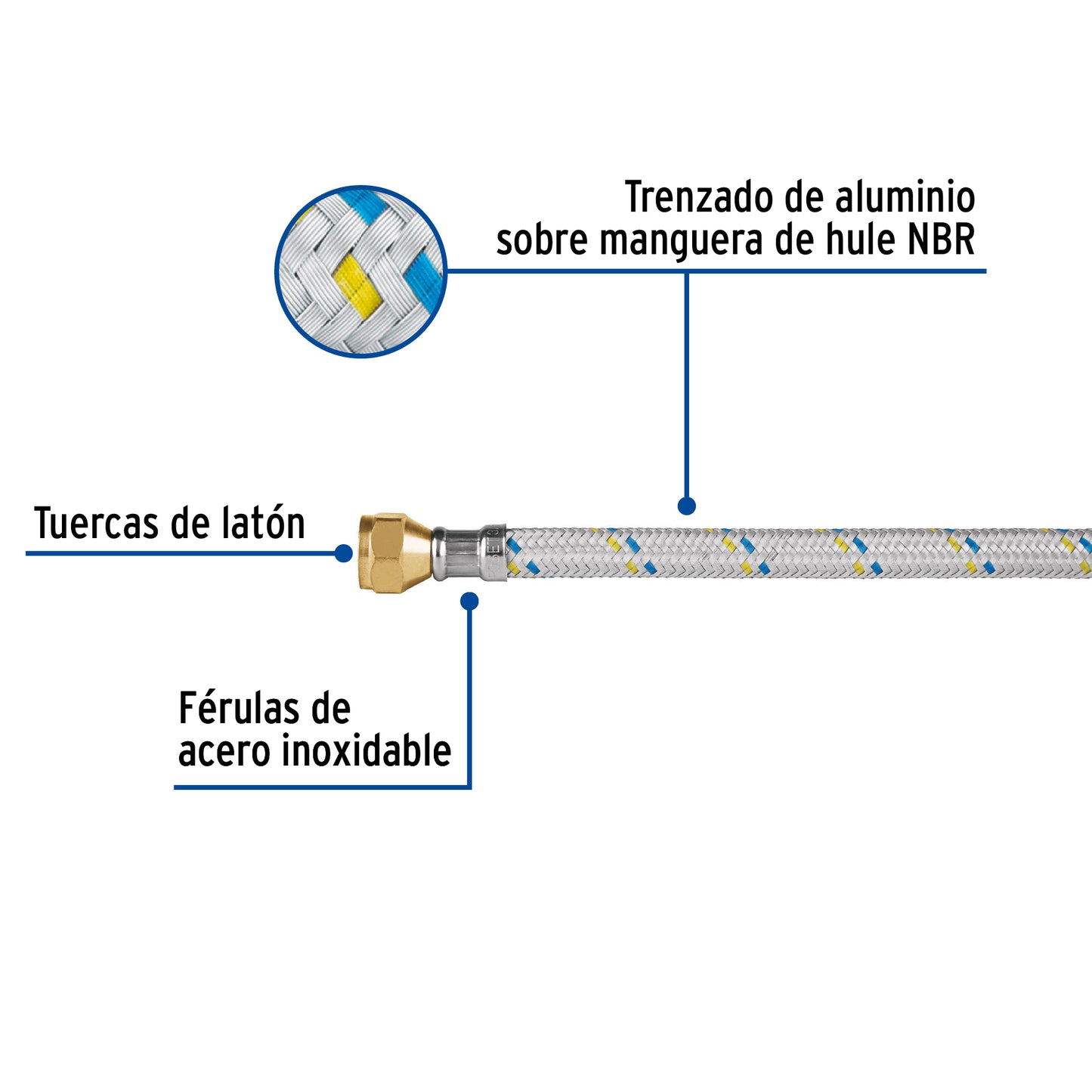 Manguera de hule, 60 cm, revestida aluminio, usos generales