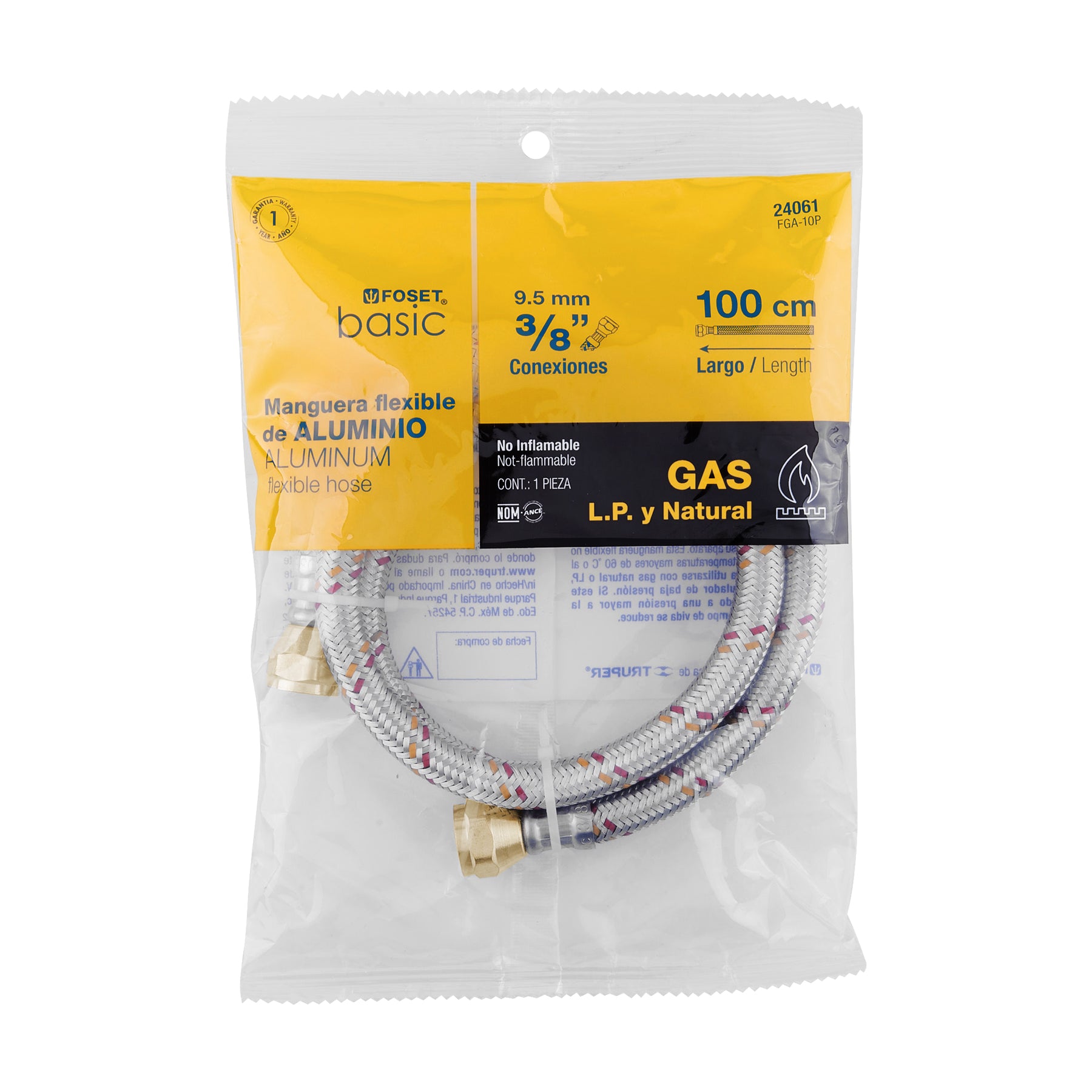 Manguera para gas, aluminio, 3/8" X 100 cm, Foset Basic