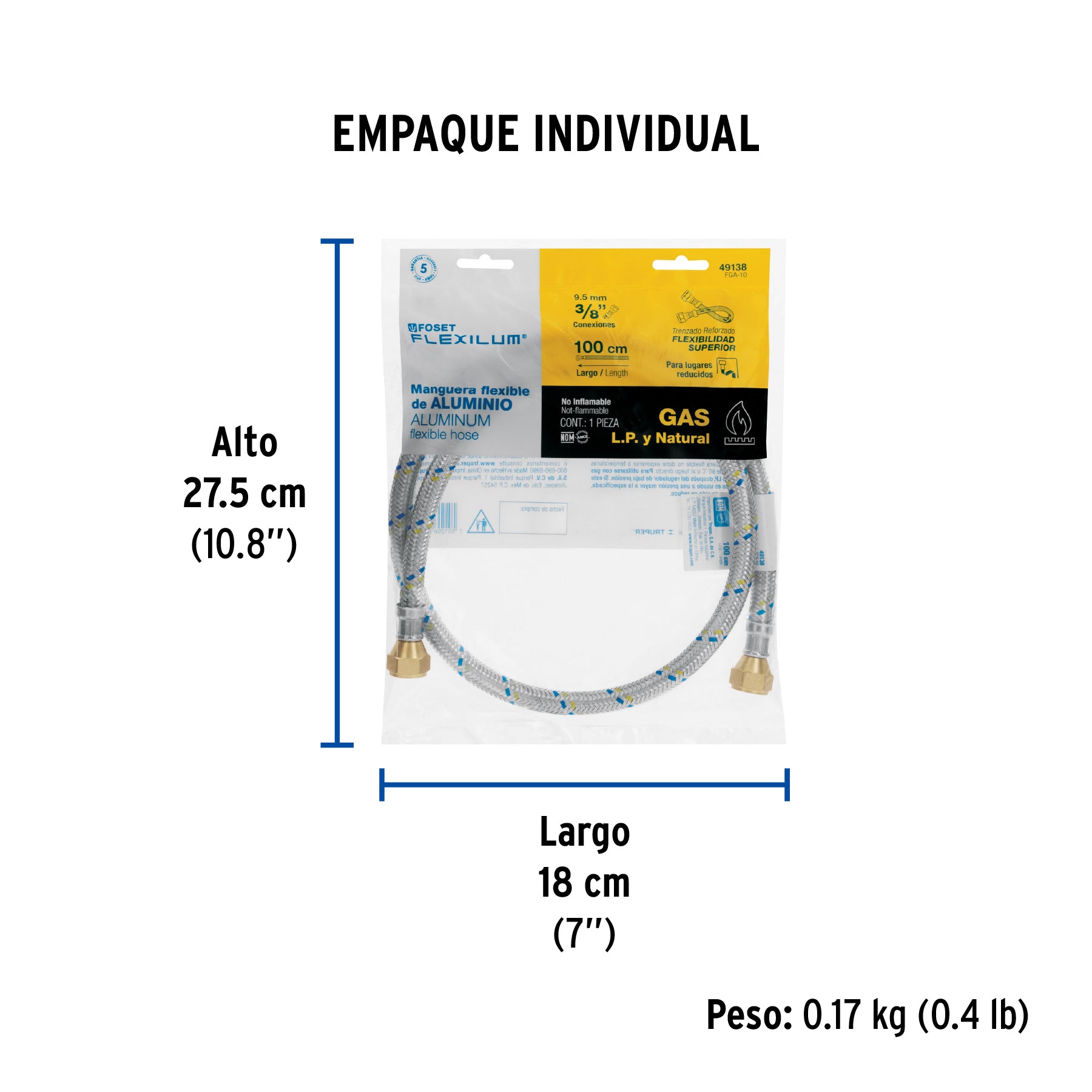 Manguera de hule, 100 cm, revestida aluminio, usos generales