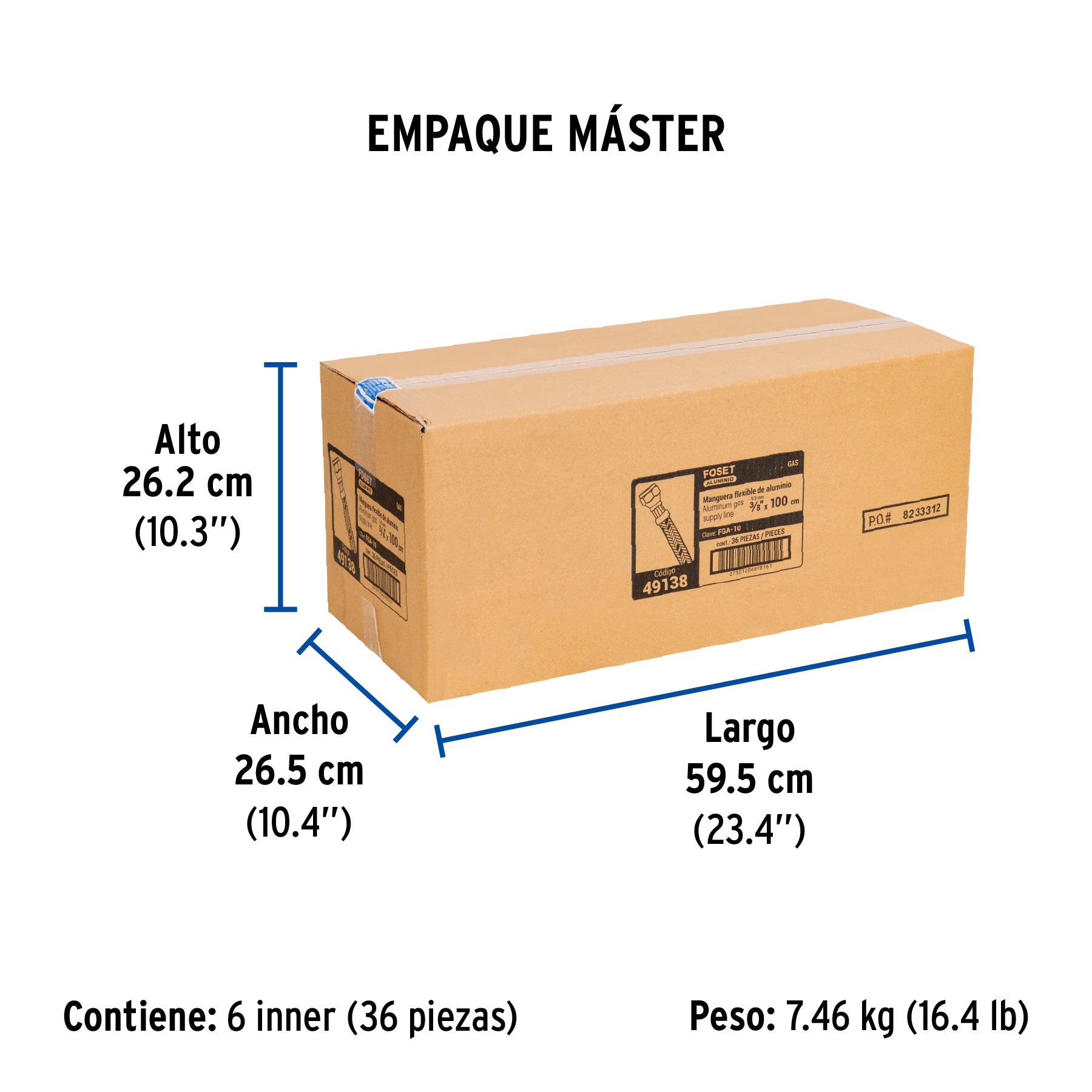 Manguera de hule, 100 cm, revestida aluminio, usos generales