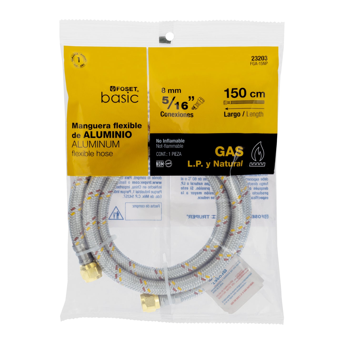 Manguera para gas, aluminio, 5/16" X 150 cm, Foset basic