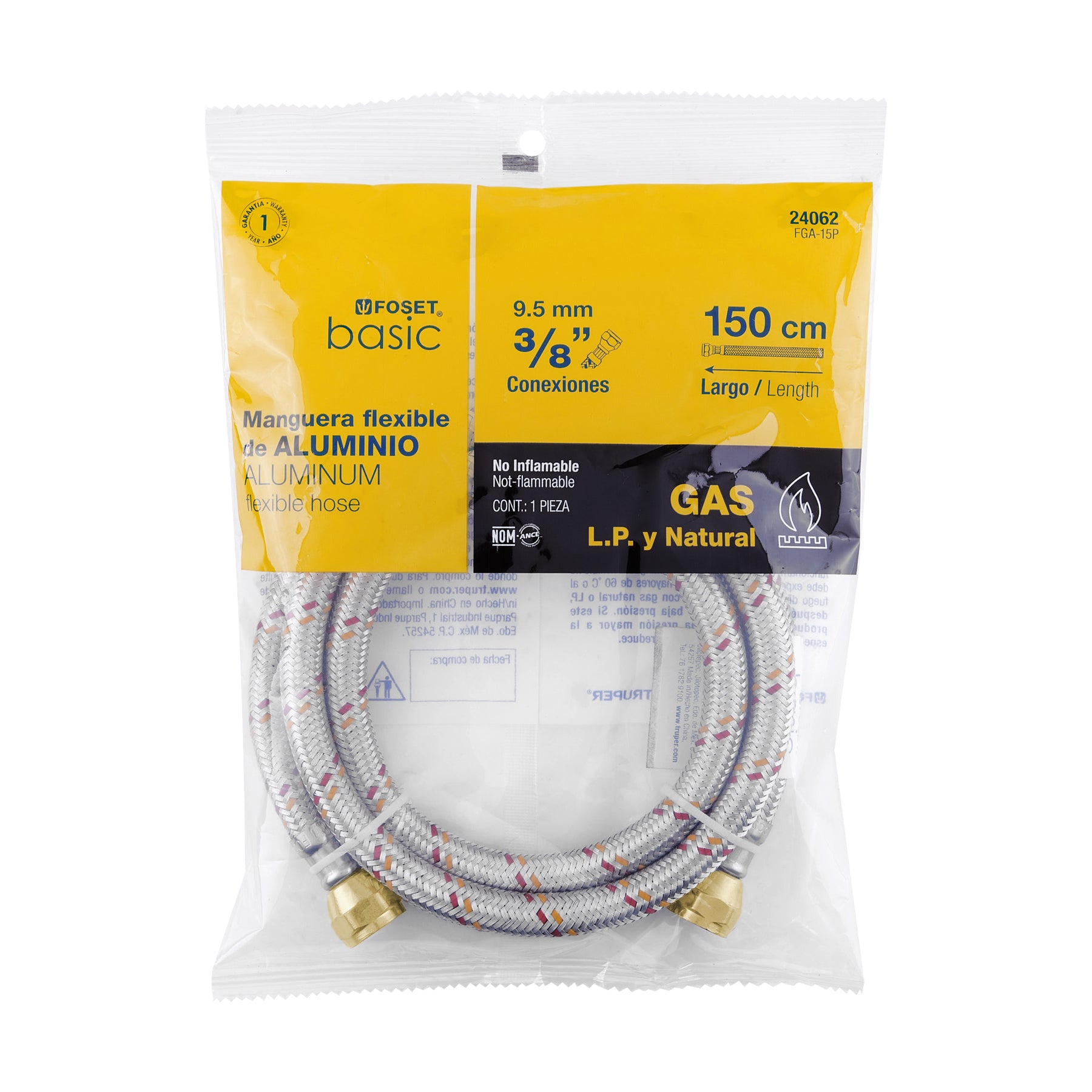 Manguera para gas, aluminio, 3/8" X 150 cm, Foset Basic