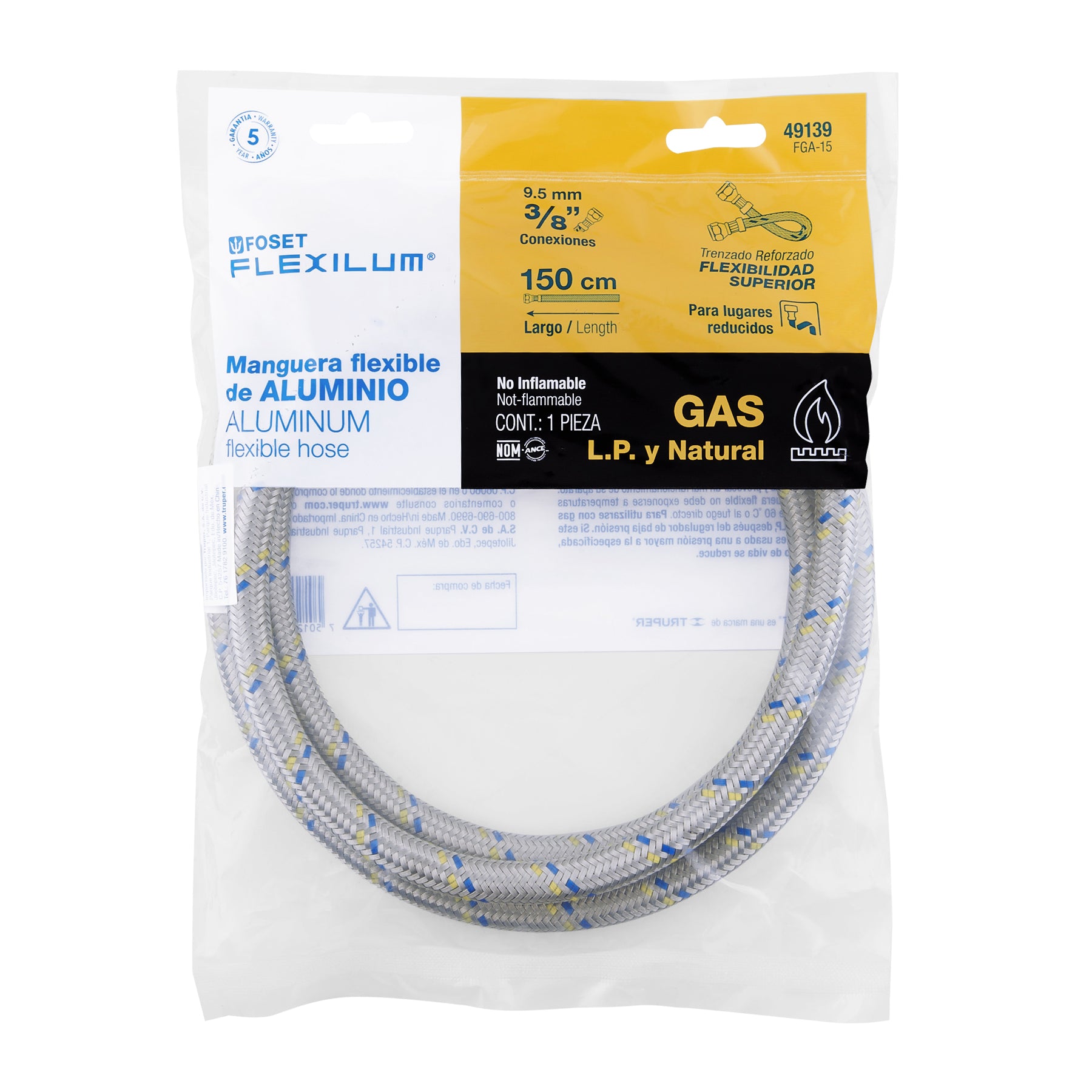 Manguera de hule, 150 cm, revestida aluminio, usos generales