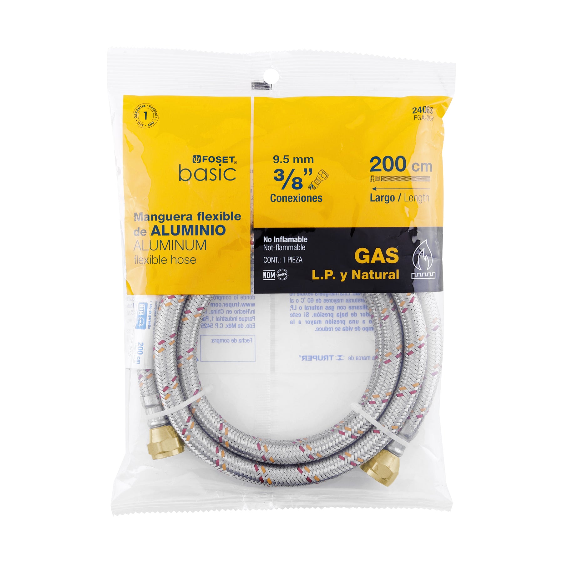 Manguera para gas, aluminio, 3/8" X 200 cm, Foset Basic
