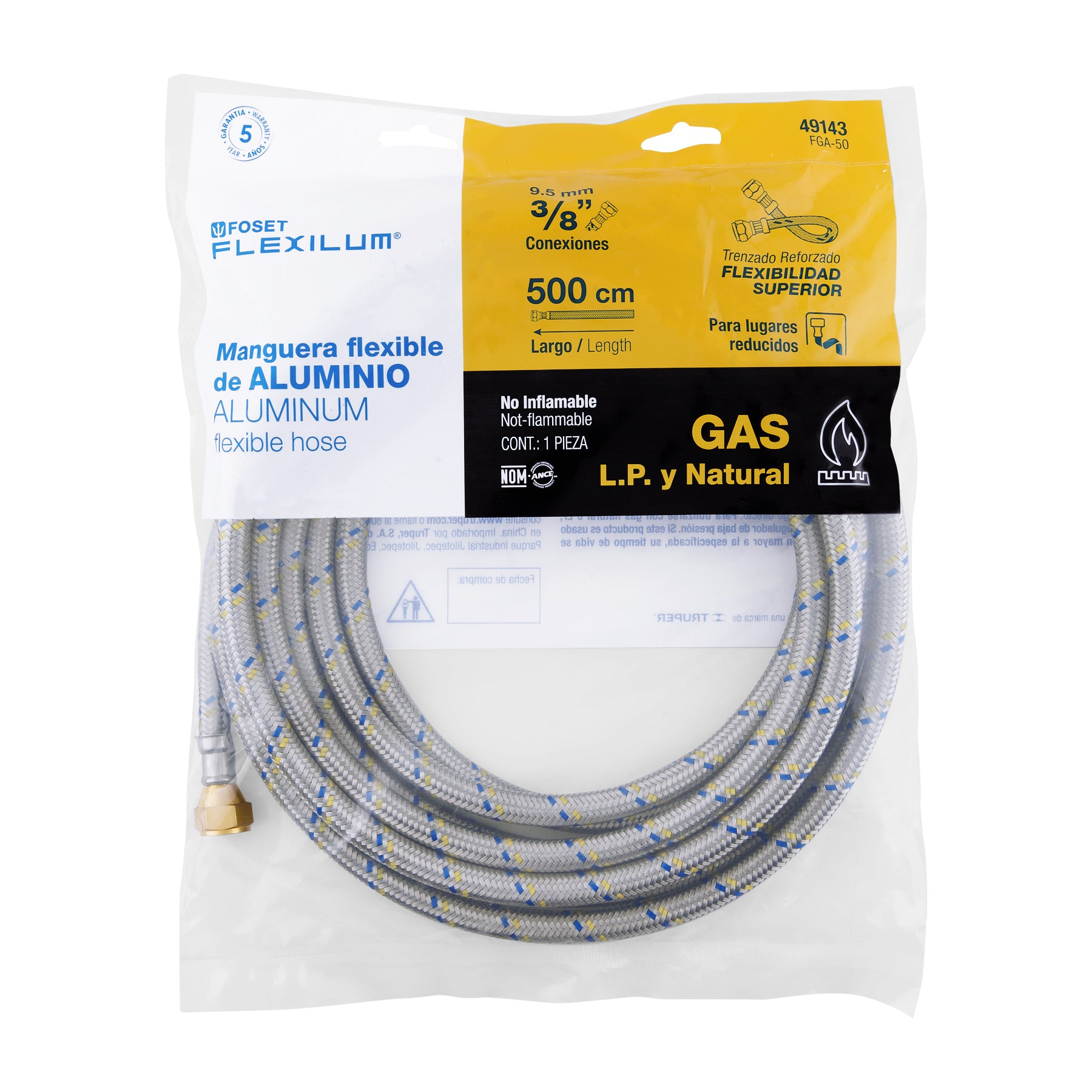 Manguera de hule, 500 cm, revestida de aluminio